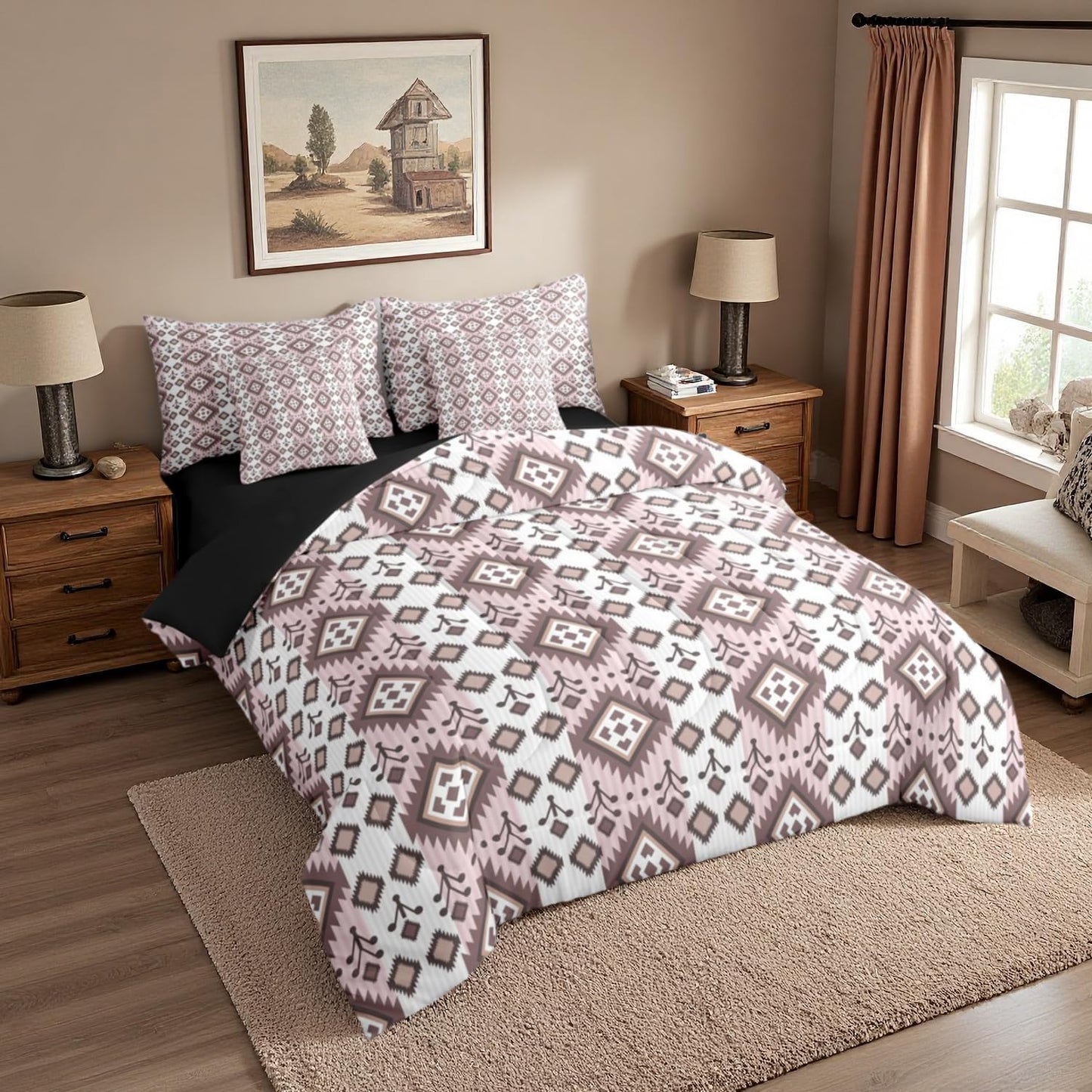 Erosebridal 7 Pcs Country Western Bedding Set King Native Aztec Southwestern Comforter Set Boho Exotic Bed in A Bag for Adults Bohemian Mexican Diamond Quilt with Flat Fitted Sheet