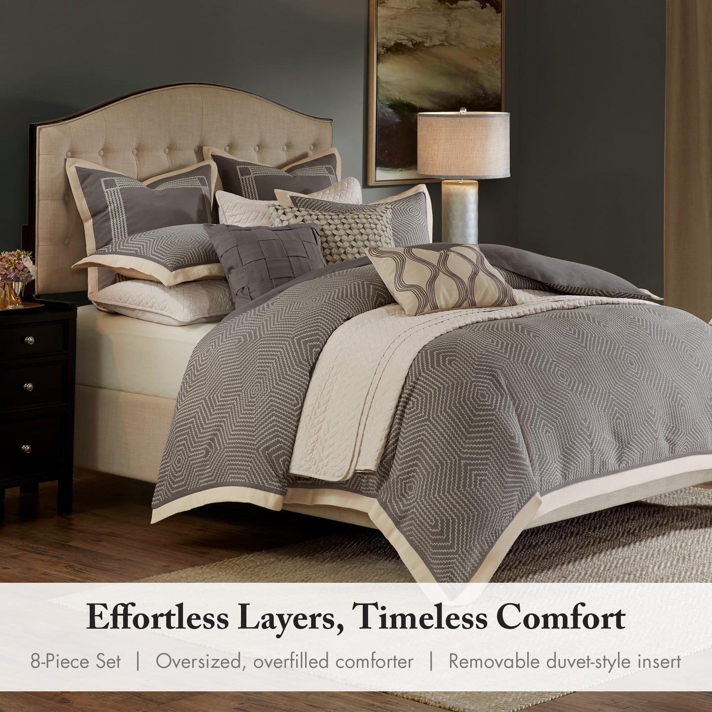 Madison Park Signature Cozy Comforter Set - All Season Bedding Combo Filled Insert and Removable Duvet Cover, Shams, Decorative Pillows, Queen (92 in x 96 in), Geometric Grey 9 Piece