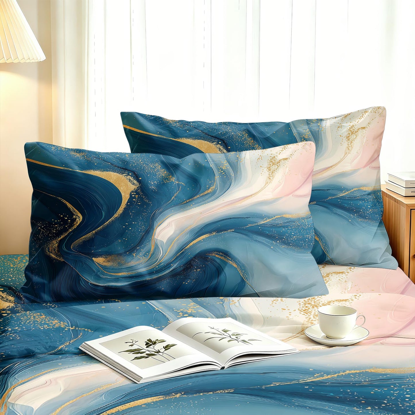 Marble Bedding Set 4 Pcs Fluid Liquid Swirl Full Sheets, Blue Gold