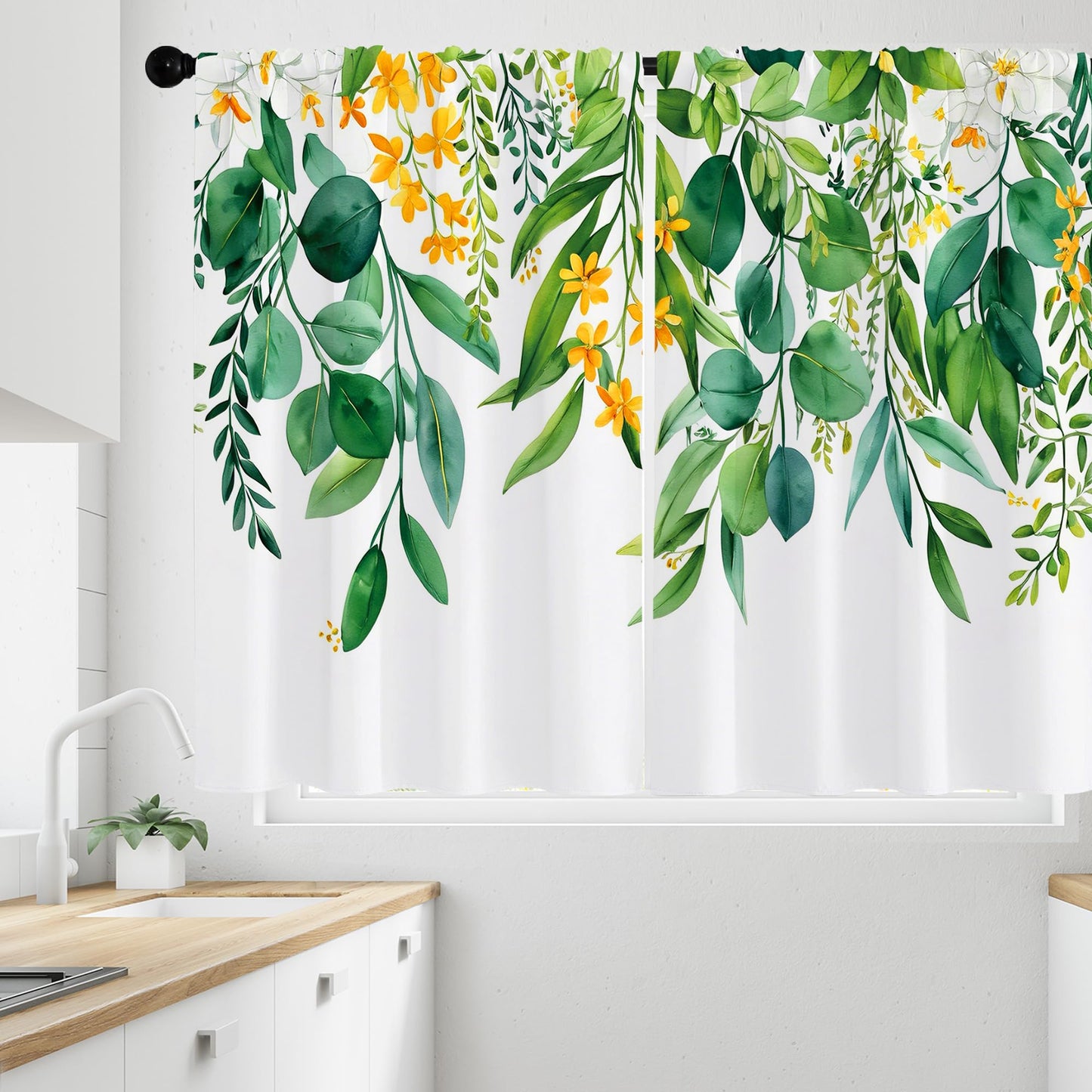 Opeoddie Eucalyptus Leaves Kitchen Curtains 2 Panels Sage Green Plant Botanical Vintage Farmhouse Boho Floral Small Short Cafe Tiers Curtain Bathroom Window Treatment Drapes 26x36 Inch