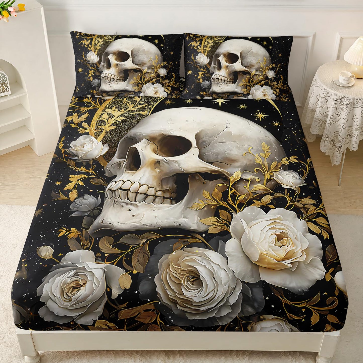HOSIMA Death Skull Head Twin Fitted Sheet,Moon and Flowers Printed Gothic Bedding for Boys Girls Room Decor,Glowing Stars Aesthetic Background Pattern Halloween Bedding,1 Fitted Sheet+2 Pillowcases.