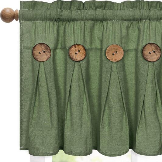 FRAMICS Farmhouse Valance Curtains, Boho Cotton Linen Kitchen Valance, Olive Green Rustic Button Window Valances for Kitchen Bathroom, Rod Pocket Valances for Windows, Olive Green, 52 x 18 Inch