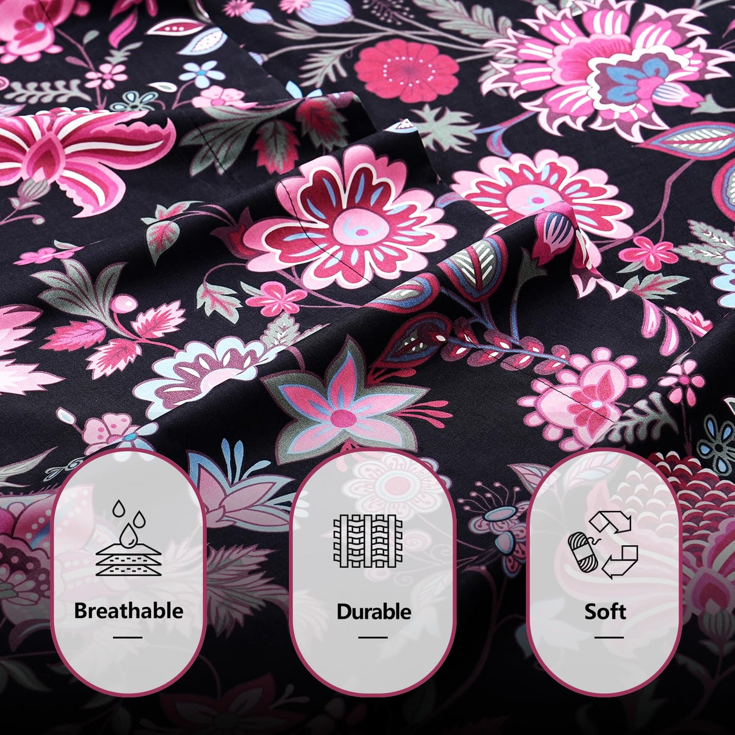 Bedlifes Queen Sheet Set Ultra Soft, Breathable, Silky Flower Deep Pocket 100% Microfiber Bedding, 4 Piece Queen Size with Floral,Black Red Flowers