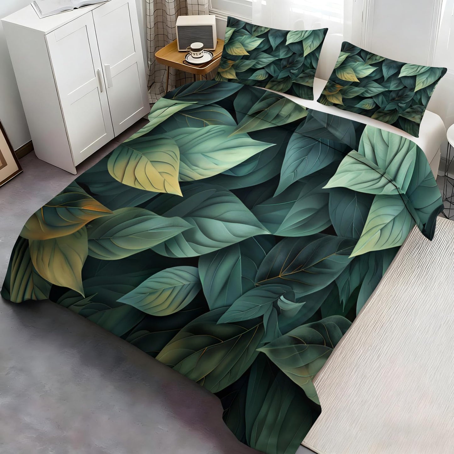 ZAMODE Leaf Duvet Cover 104" x 90", Tropical Leaves Bedding Set, Green Botanical Comforter Cover with Zipper Ties