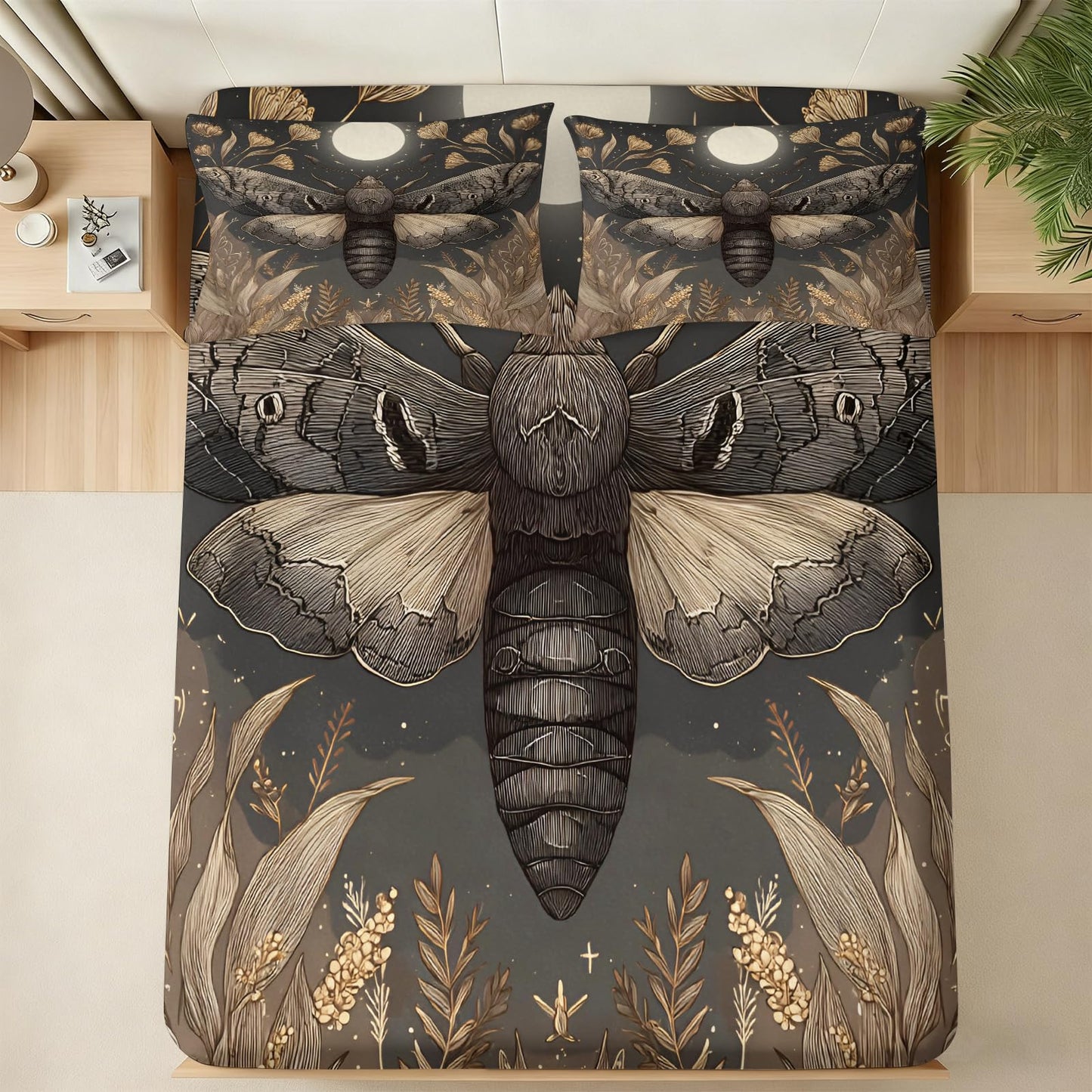 ZAOMIR Vintage Dark Night Moth Sheets King for Men Unisex, Retro Gothic Fantasy Moon Bedding Sheets Set 4 Pcs(Fitted Sheet+Flat Sheet+2 Pillowcases) Starry Sky Plants Botanical Bed Cover Set