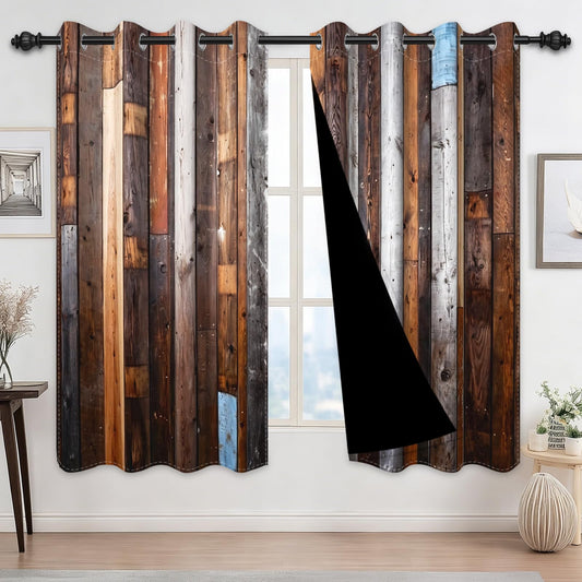 GICDSU Rustic Farmhouse Wooden Plank Blackout Curtains, Vintage Weathered Multicolor Barn Wood Curtains for Bedroom Living Room, Room Darkening Window Drapes with Grommet Top, 2 Panels, 52W x 63L