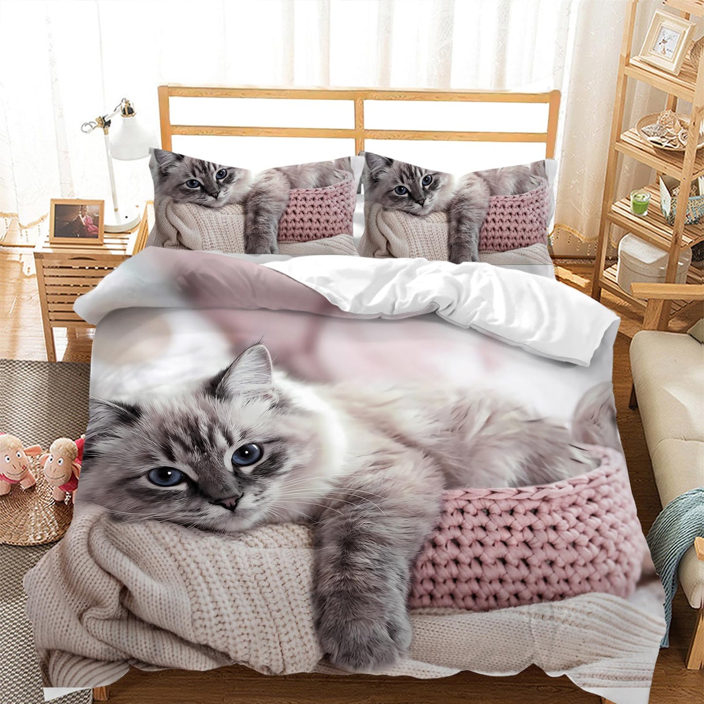 AILONEN Cat Duvet Cover Set, Full Size, Kawaii Pet Animal Cat Lover Comforter Cover Set, 3 Pieces, 1 Quilt Cover and 2 Pillowcases