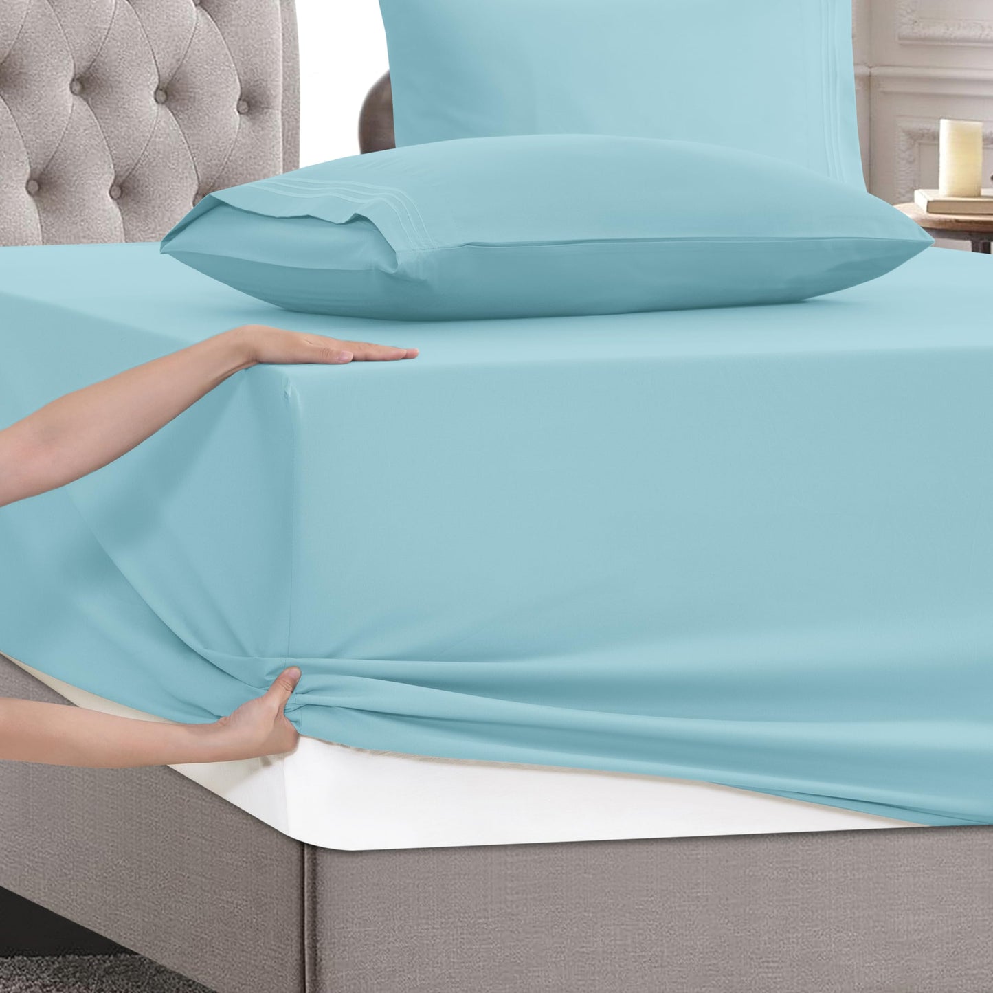 Mocassi Full Size 4-Piece Bed Sheet Set - 1800 Premium Hotel Quality Microfiber 18-24 Inches Extra Deep Pocket Fitted Sheet- Luxury Soft, Breathable, Wrinkle, and Fade Resistant, Aqua Blue