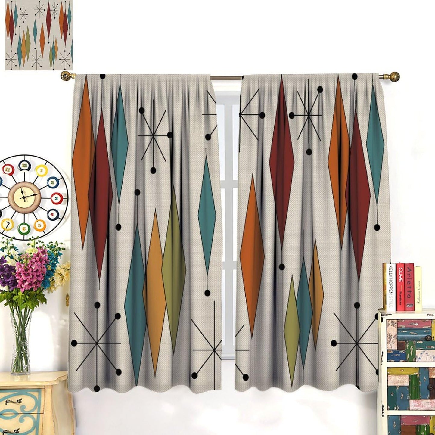 ShiTingYu Abstract Geometric Modern Curtains Mid Century Art Colorful Orange Blue Green Window Treatments for Kitchen Bedroom Living Room Drapes 42x45 Inch
