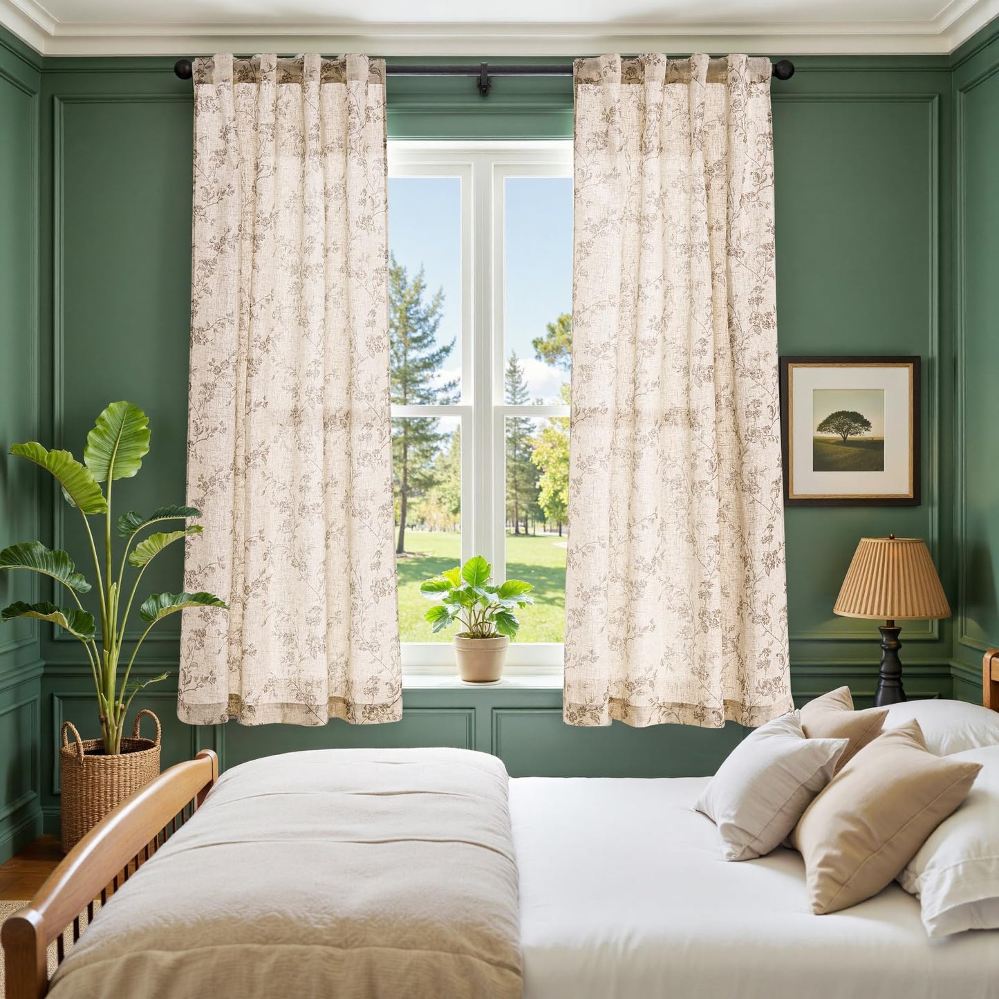 jinchan Linen Floral Curtains 63 Inch Farmhouse Country Flower Drapes Rustic Window Curtains Light Filtering for Living Room Bedroom Laundry Back Tab 2 Panels Taupe on Beige