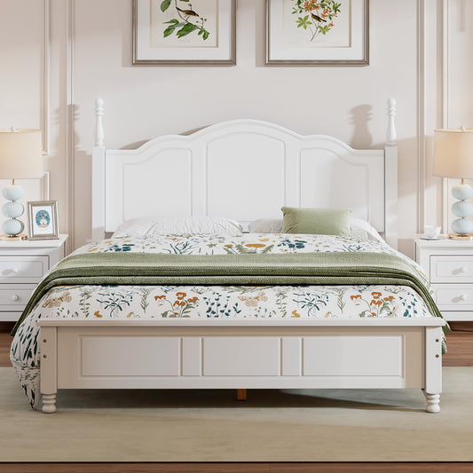 berawary White Wood Bed Frame Queen Size with Wave Shaped Headboard, Vintage Wooden Platform Bed Frame with Wood Slats Support, Retro Style Queen Beds for Kids Adults Toddler, Easy Assembly