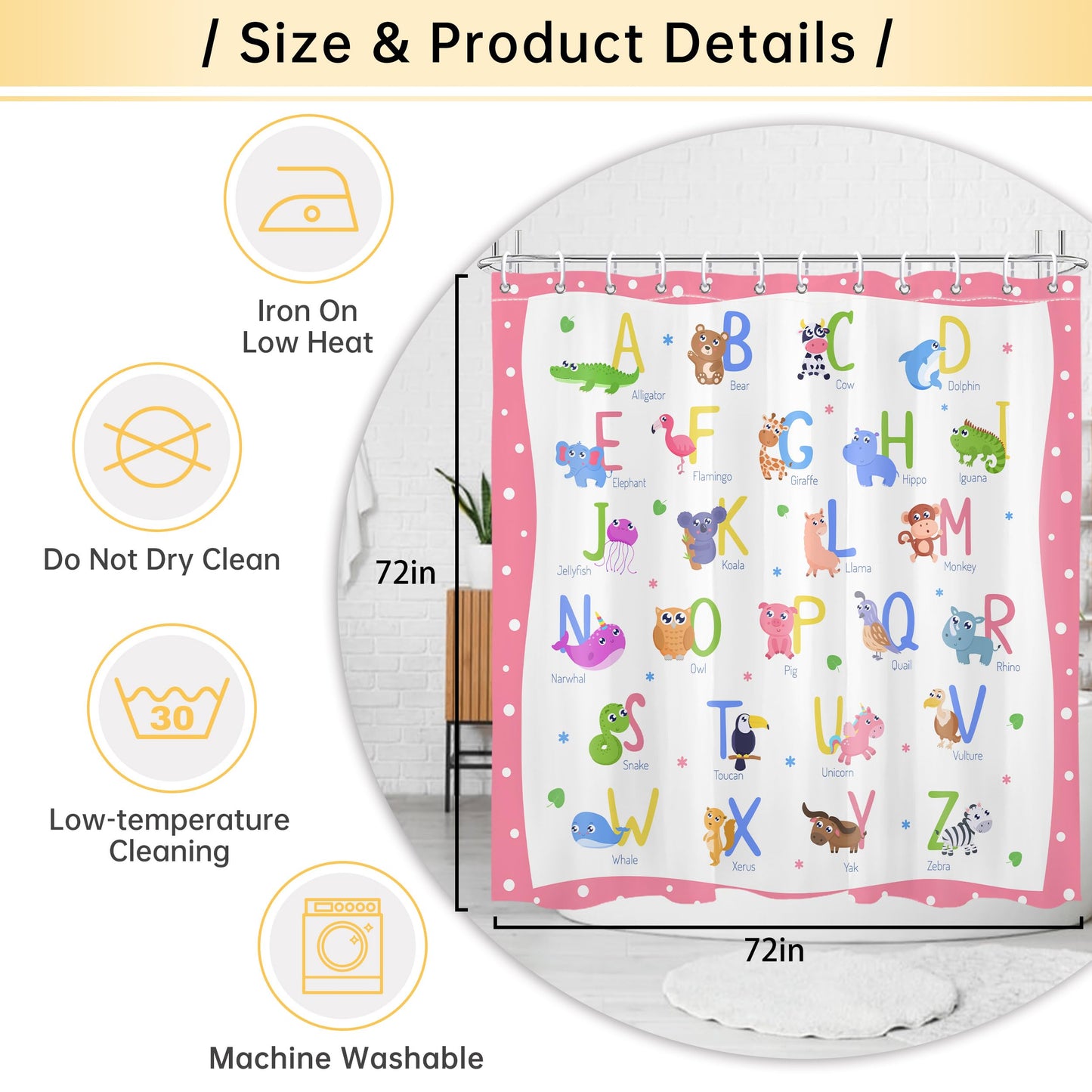 Mayormyth Kids ABC Shower Curtain Cute Alphabet Animal Educational Learning Shower Curtains for Girls Boys Cartoon Polka Dots Bathroom Curtain Polyester Waterproof Cloth Fabric with Hooks 72x72 Inches