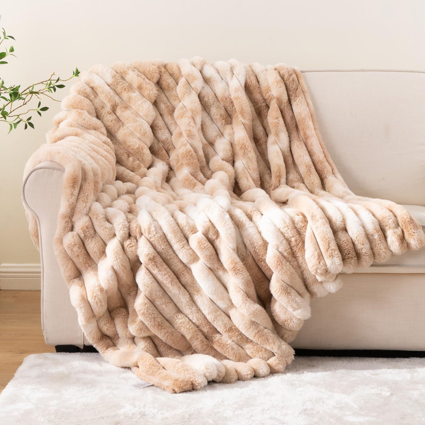 Battilo Beige Throw Blanket for Couch, Cozy Warm Plush Striped Rabbit Fur Throw Blanket for Bed, Super Soft Fuzzy Faux Fur Blanket for Living Room Bedroom, Home Decor & Gifts, 50"x60"