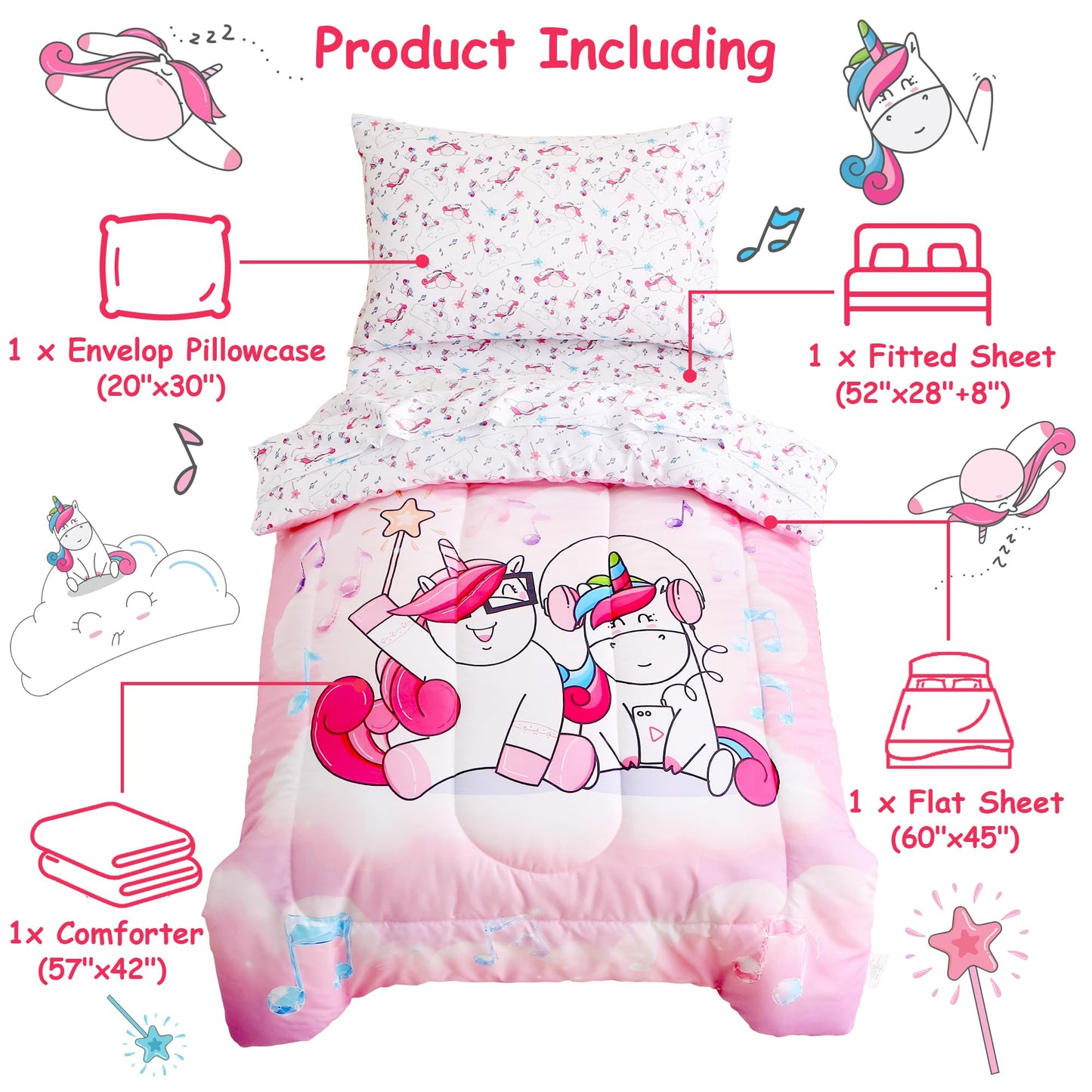 Mooreeke 4 Pieces Toddler Bedding Set - Pink Purple Music Unicorn Toddler Comforter Sets for Girls, Includes Comforter, Flat Sheet, Fitted Sheet and Pillowcase, Bed in A Bag for Baby Bedroom