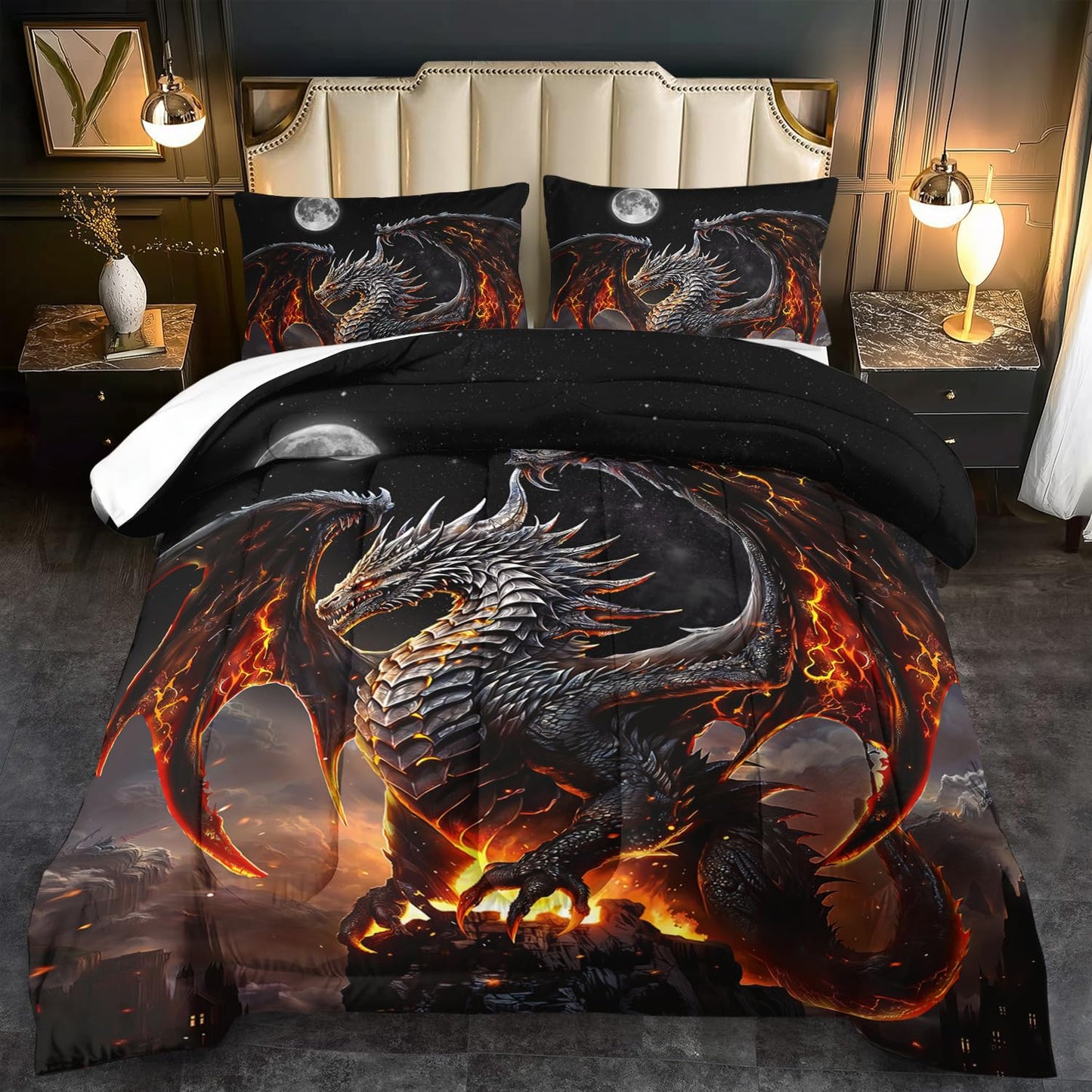 llyxsesty Black Dragon Comforter Set King Adult,Flame Dragon Bedding Set for Boys,Magical Beast Bedding Fantasy Animal Comforter Beedroom Decor,Magical Beast Quilt Bed Decor