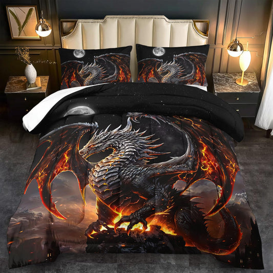 llyxsesty Black Dragon Comforter Set King Adult,Flame Dragon Bedding Set for Boys,Magical Beast Bedding Fantasy Animal Comforter Beedroom Decor,Magical Beast Quilt Bed Decor