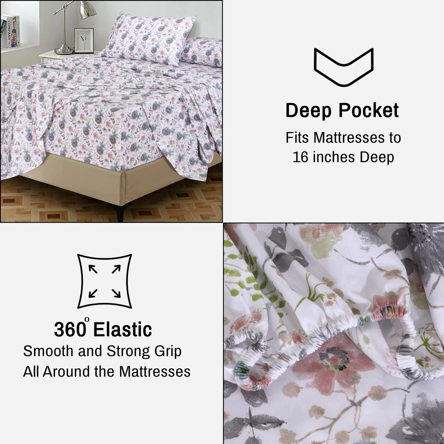 RUVANTI 100% Cotton Percale Sheets Queen Size – Crisp Cooling Bed Sheets for Hot Sleepers, Deep Pocket 16”, Soft Breathable & Durable Hotel-Style 4 Piece Set, Dandelion Field