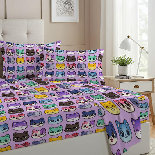 Allenjoy Twin Size Colorful Cartoon Cats Fitted Sheet Repeating Face Pattern Bed Flat Sheets Bedding Set Deep Pockets Up to 16" Bedroom Decor with 1 Pillowcase