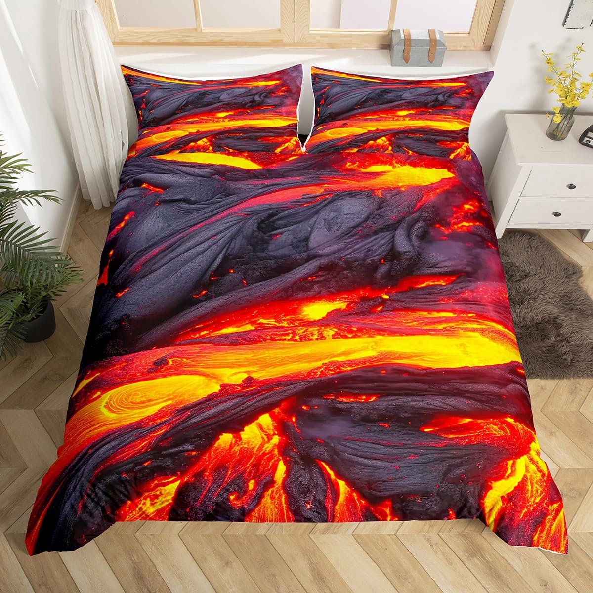 Volcano Bedding Set King 3 Pieces Disaster Printed Pattern Red Yellow Comforter Set Lava Duvet Cover For Adult Boys Men Teen Bedspread With Zipper Ties 1 Duvet Cover +2 Pillowcases, No Comforter