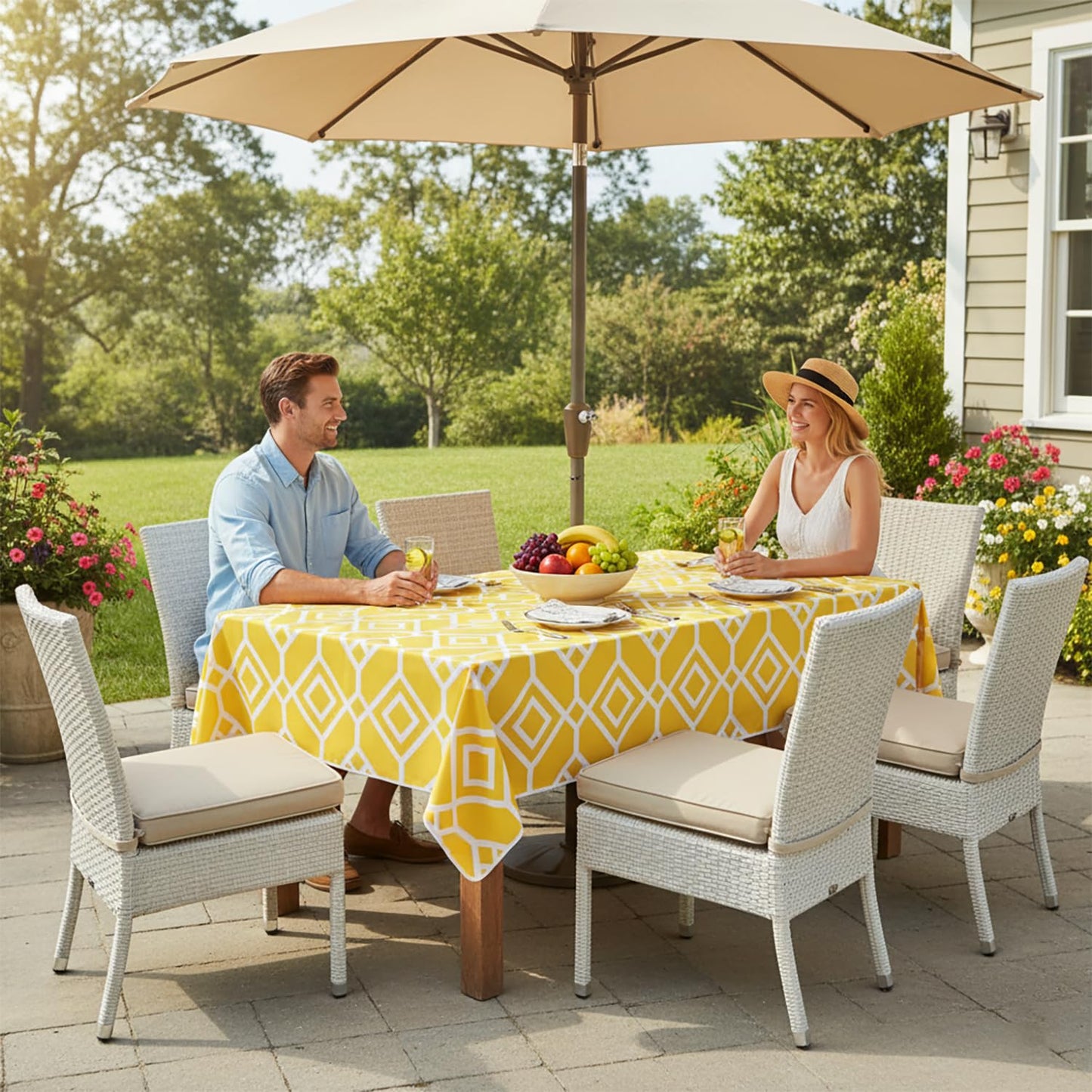 LUSHVIDA Moroccan Outdoor Tablecloth with Umbrella Hole and Zipper, 60 x 84 Inch Yellow, Rectangle Waterproof Wrinkle Free Table Cloth Decorative Fabric Washable Table Cover for Patio, Party, Picnic