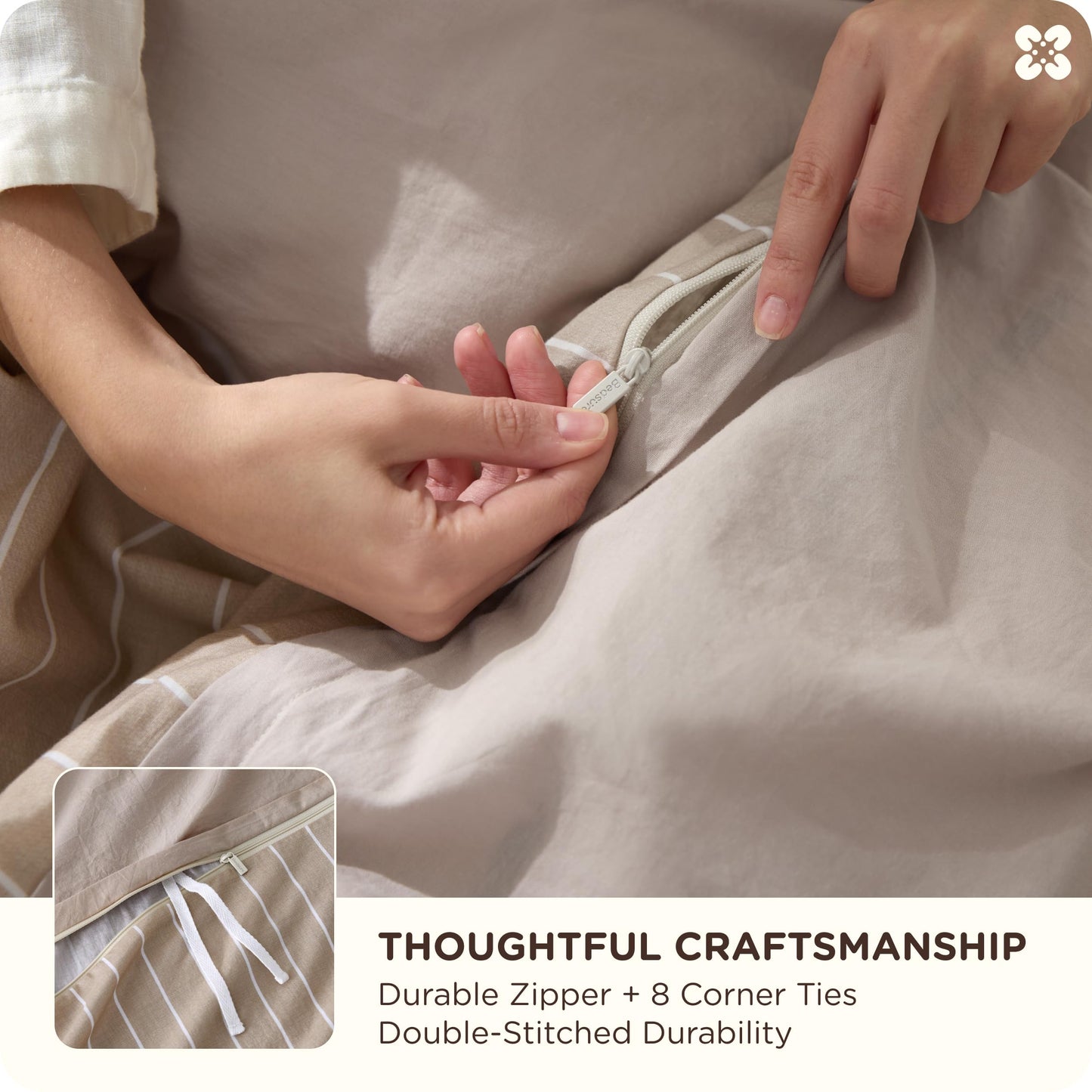 Bedsure Striped Duvet Cover Queen Size, 100% Washed Cotton PureWoven Duvet Cover Linen Like Textured, Classic Striped Pattern Enhances Bedroom Comfort and Style, Stripes Tan/White, 90"x90"