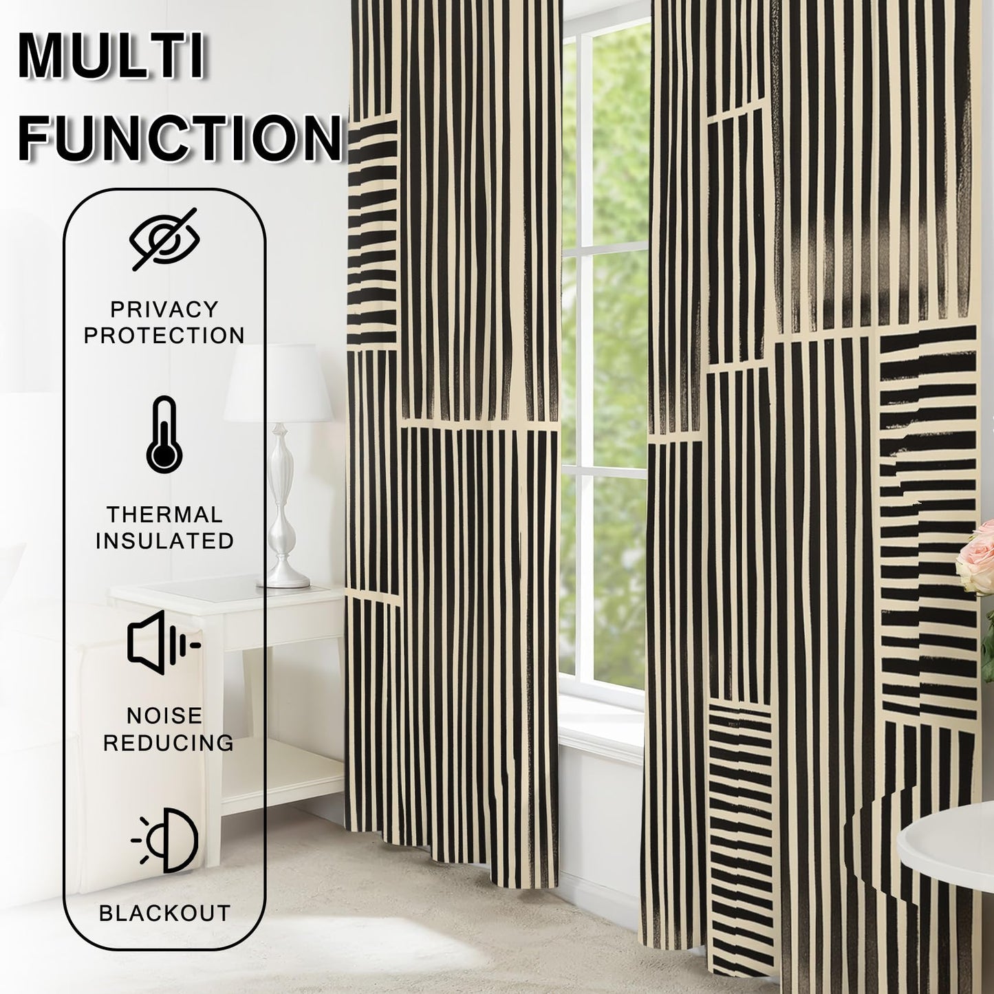 Fizzenobia Striped Curtains Blackout, Thermal Insulated Room Darkening Grommet Drapes for Bedroom & Living Room, Black and Beige Stripe Window Curtains & Home Decor, 54 Inch Drapes 2 Panel Set