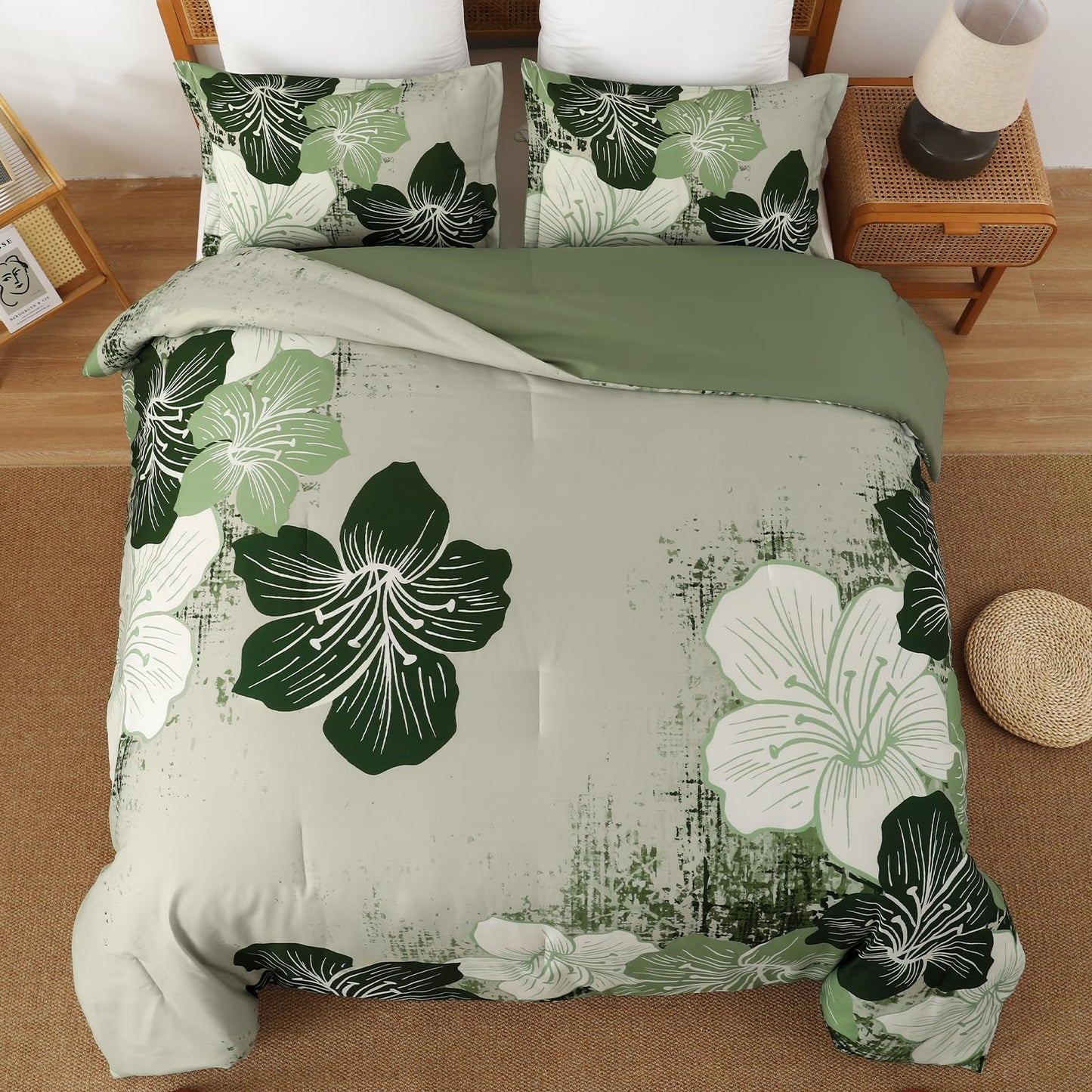 Menghomeus Floral Comforter Set Queen Ombre Green Bedding Lightweight Microfiber Bed Comforter for All Season, 3 Piece Flowers Comforter with 2 Pillowcases