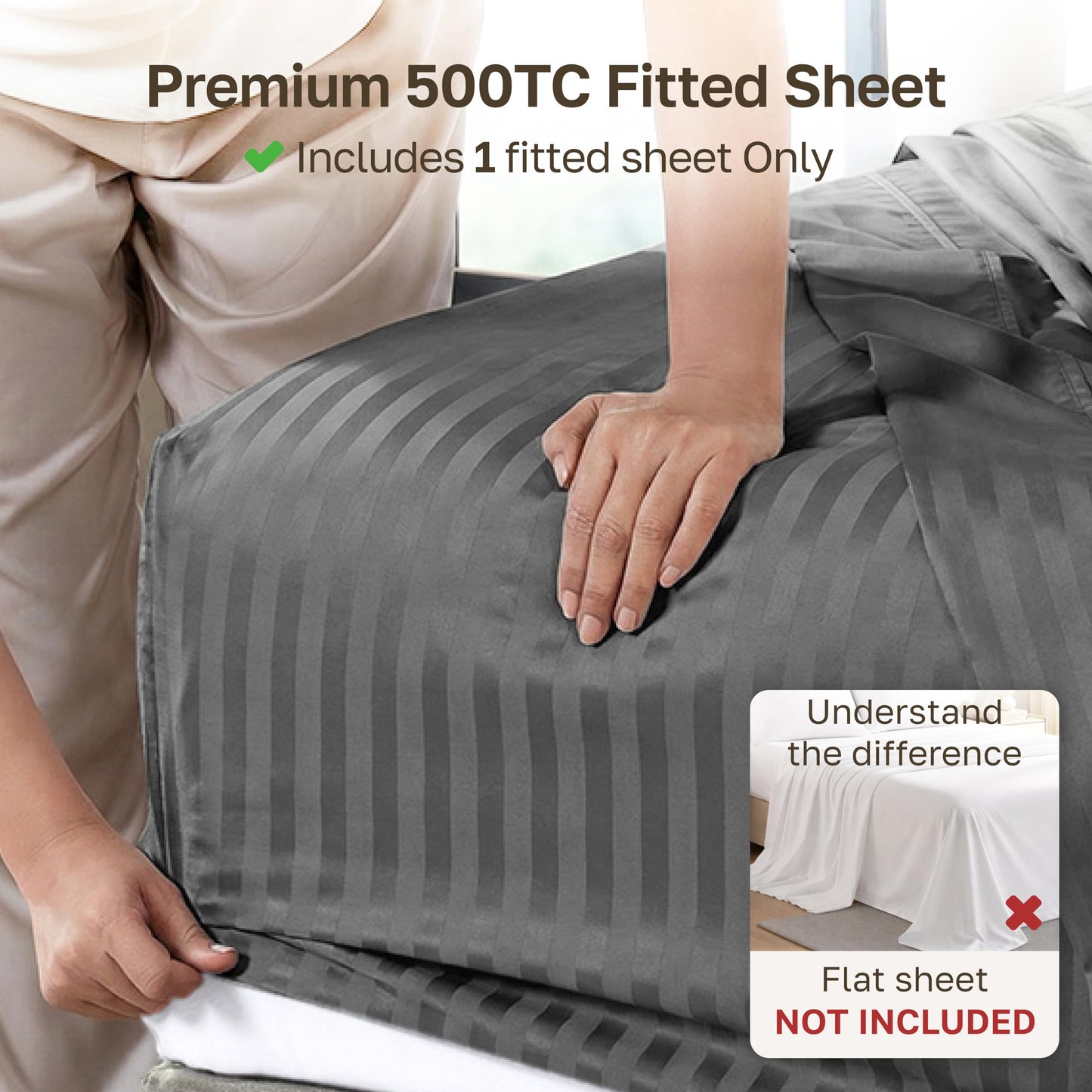 California Design Den Cotton Sateen Damask Stripe Queen Fitted Sheet Only - Soft 100% Cotton Sateen, Deep Pocket Bottom Fitted Sheet - Grey
