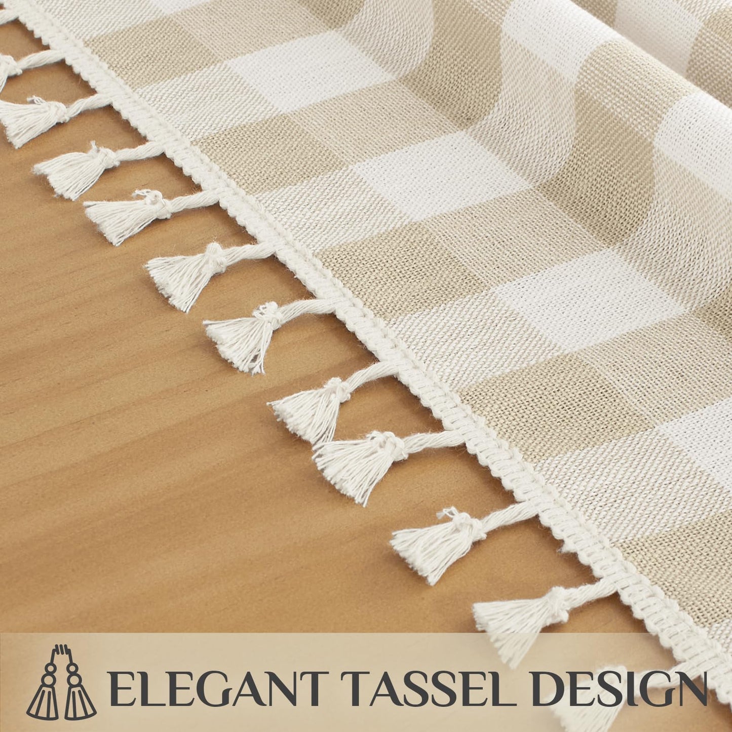 Softalker Checkered Tablecloth Rectangle, Outdoor Linen Cotton Gingham Table Cloth with Tassel, Heavy Duty Wrinkle Free Buffalo Plaid Table Cover for Kitchen Dining Summer Party - 55 x 120 Inch, Beige