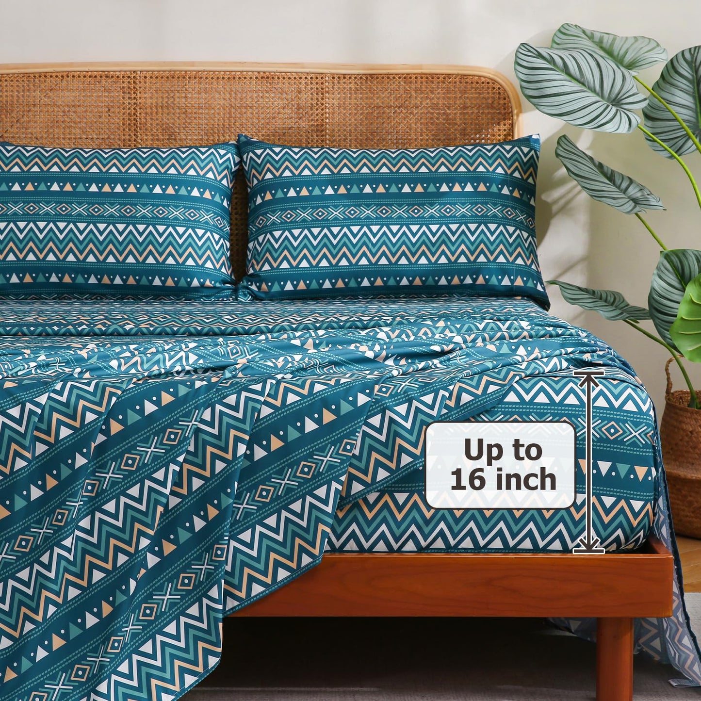 CozySmile Boho Sheet 4 Pieces King Sheet Set Bohemian,King Size Breathable Soft Microfiber Deep Pocket Bedding, Western Sheets Geometric(King, Teal Geometric)