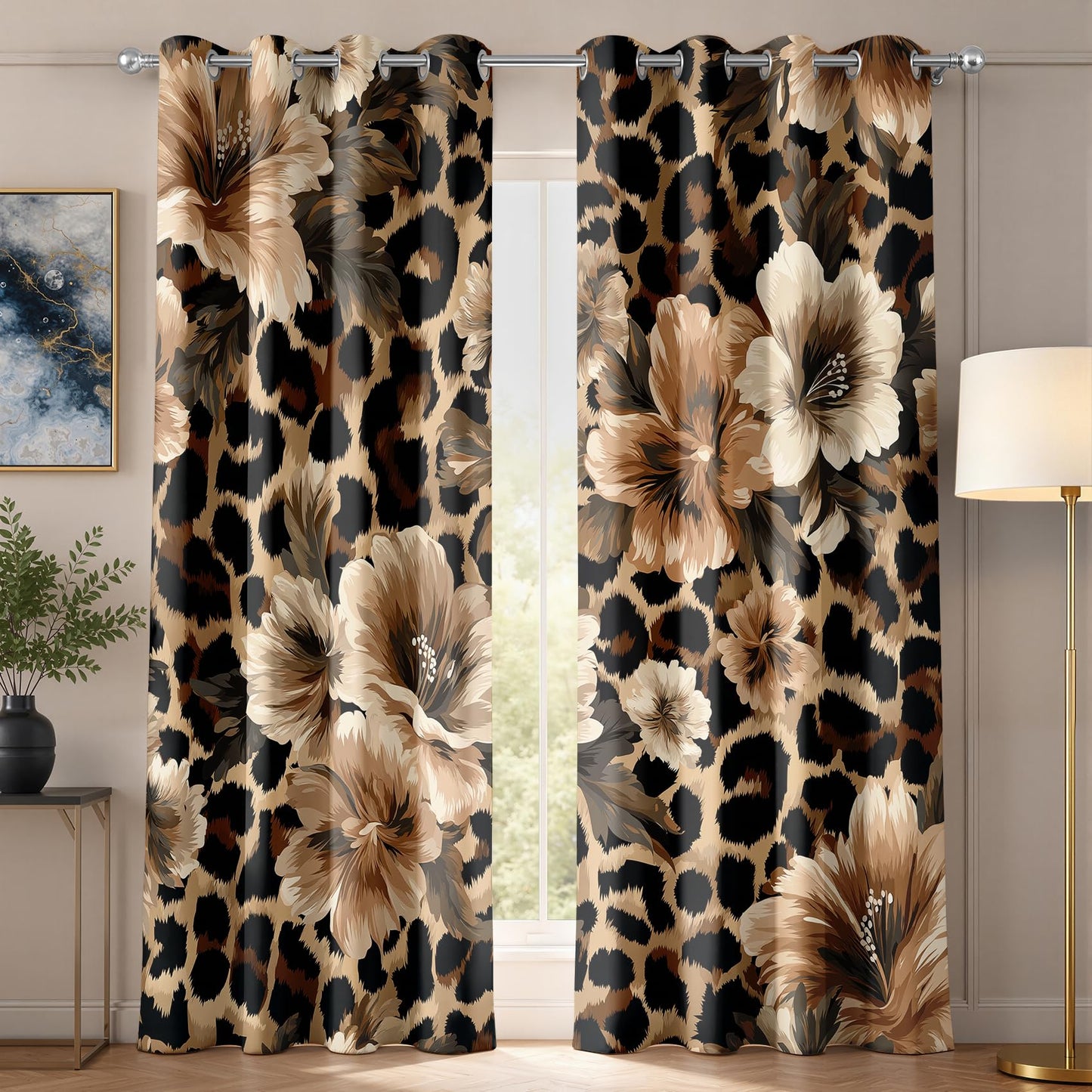 Leopard Print Patterned Curtains Blackout, Thermal Insulated Room Darkening Grommet Drapes for Bedroom Living Room, 84 Inch Curtains 2 Panel Set, Tropical Floral Cheetah Wild Animal Window Treatments