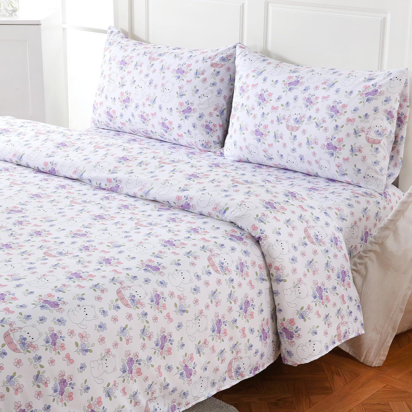 MICORAL Kids Twin Sheet Set Purple Flowers Cats, 3 Pieces Sheets for Boys & Girls, Soft Printed Microfiber Bed Sheets, Deep Pocket Cozy Toddler Bedding Set, Purple Flowers Cats