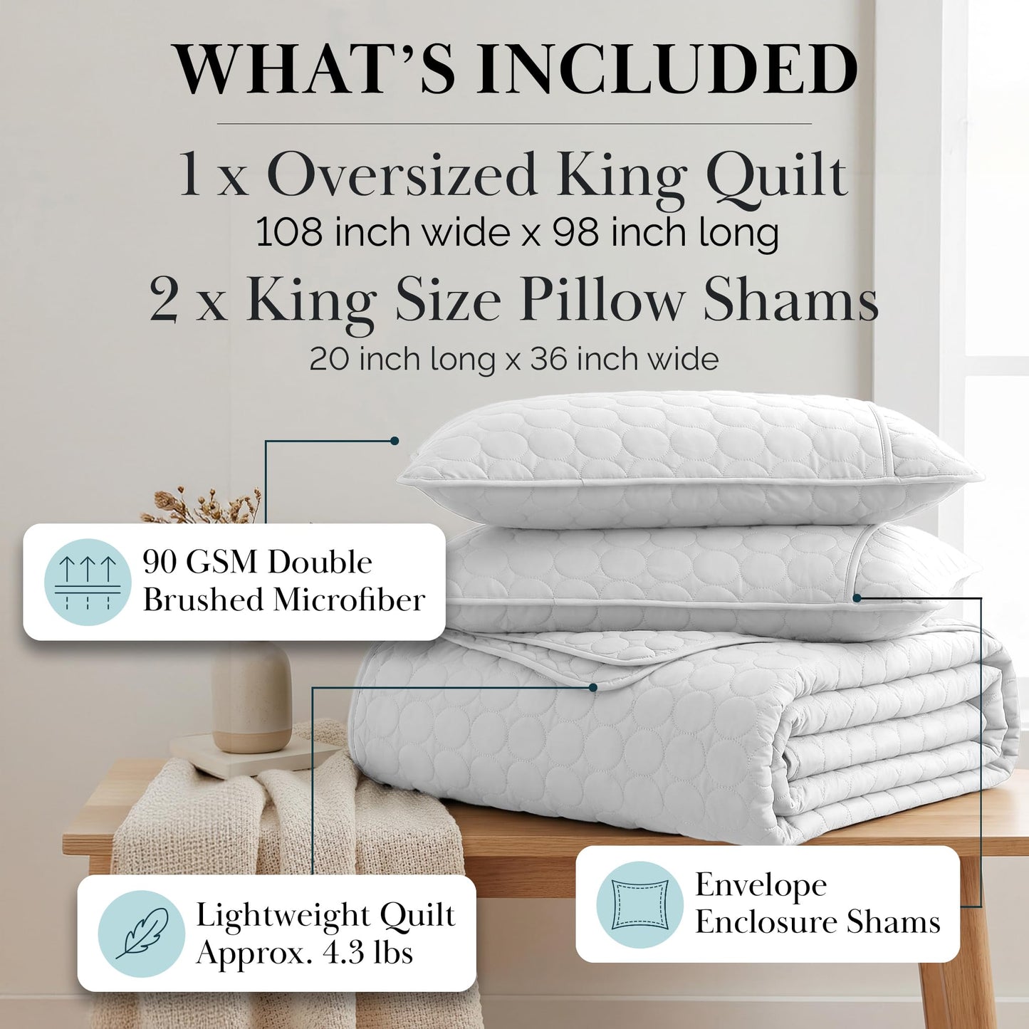 Southshore Fine Living, Inc. King Size White Quilt Bedding Set with 2 Pillow Shams, Quilted Summer Comforter, King Size, Light Weight Bedspread, California/King Quilt Coverlet, Bright White