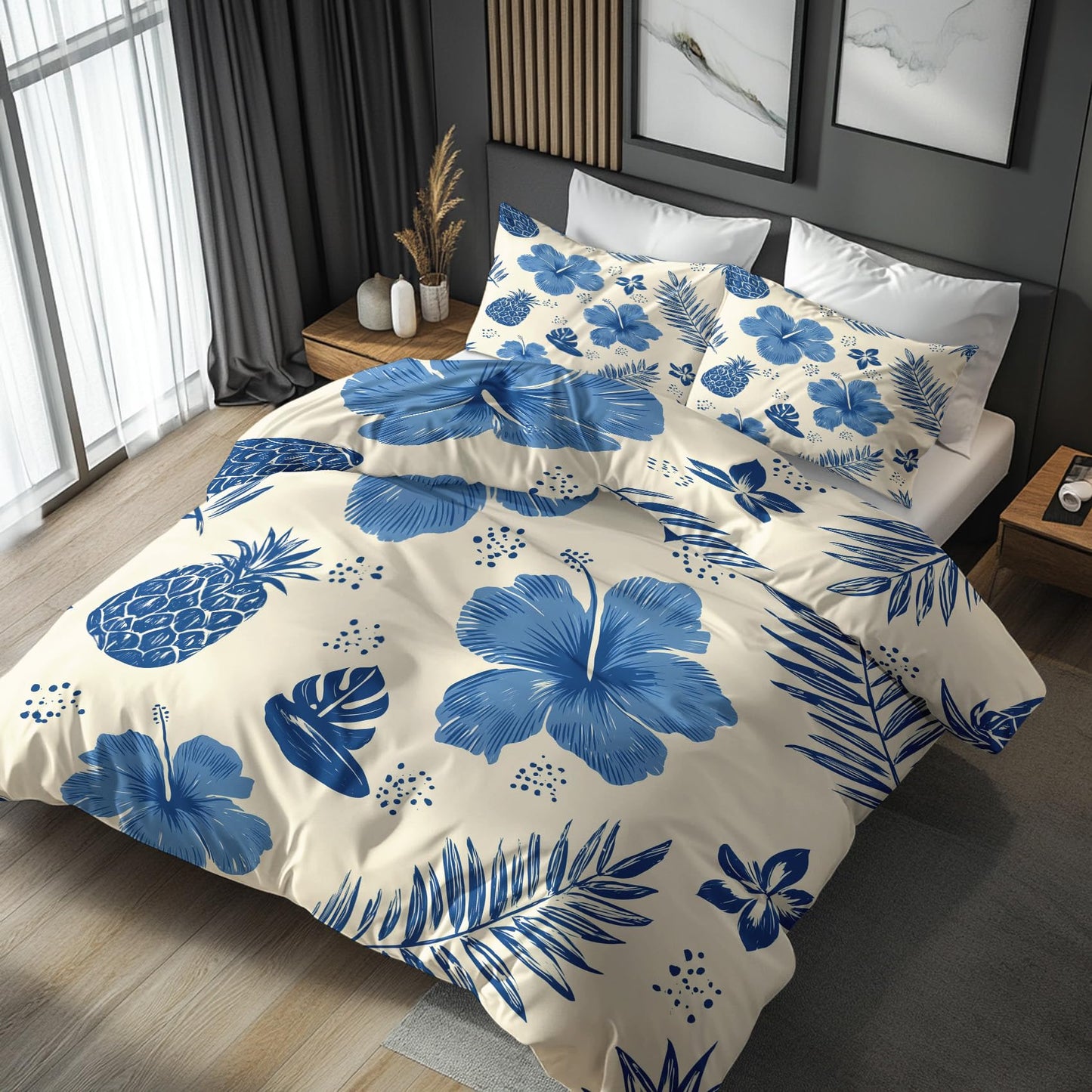 Tropical Floral Full Duvet Cover Set 3 Piece, Hawaiian Hibiscus Flower Reversible Bedding with 2 Pillow Shams, Zipper & Ties, Ultra Soft Microfiber, Floral Bedroom Decorations 49A-K
