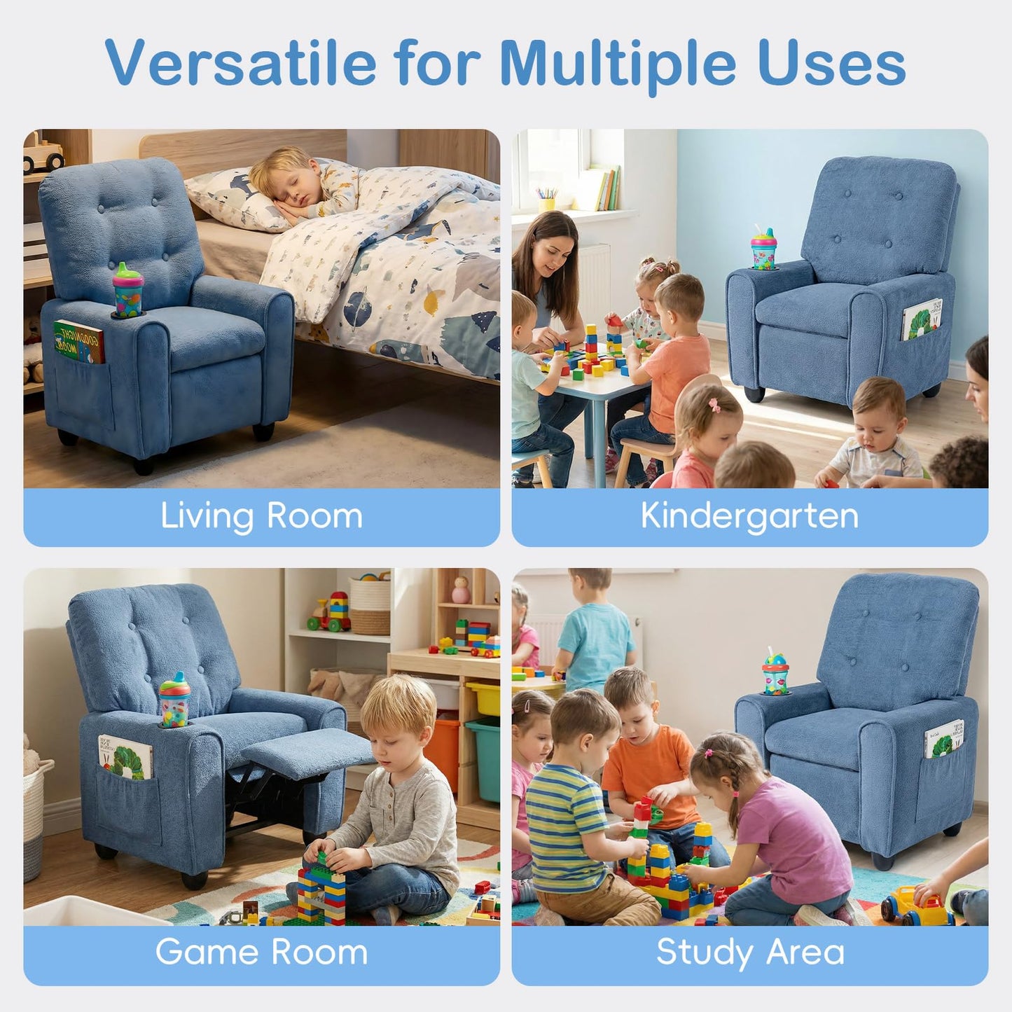 INFANS Kids Recliner, Toddler Lounge Chair with Adjustable Backrest Footrest Cup Holder Side Pockets, Velvet Leather Toddler Couch