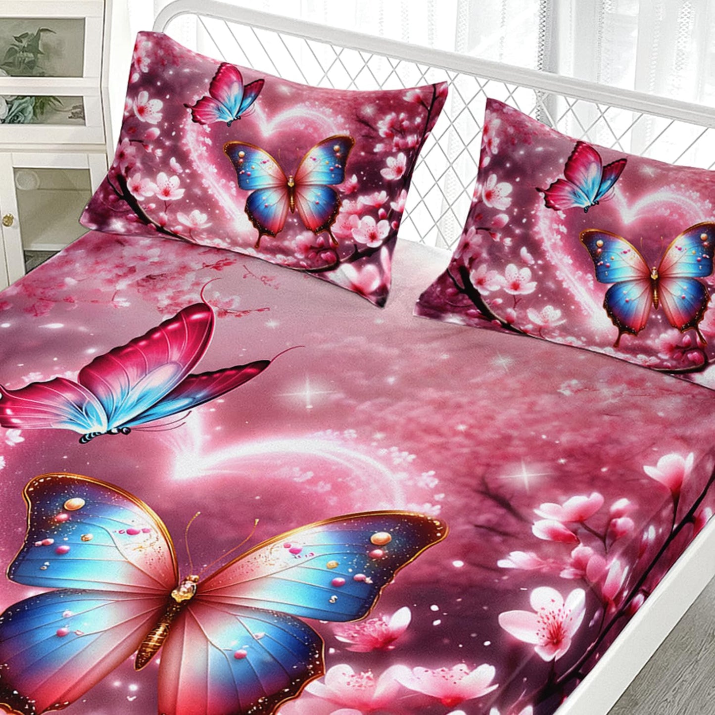 AILONEN Butterfly Butterfly Fitted Sheet Set for Girls,Pink Cherry Blossoms Butterflies Bedding Set Gifts Twin XL Size,Romantic Moments Bed Sheet Set for Cat Lovers,1 Sheet Set + 2 Pillowcase