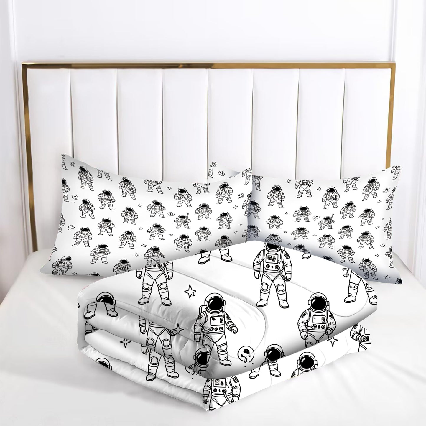 VTKON Black and White Astronaut 3Pcs Comforter Set for Boys, Queen Size Spaceman and Star Bedding Set, Line Print Galaxy Bed Sets for Kids Bedroom with 2 Pillowcases
