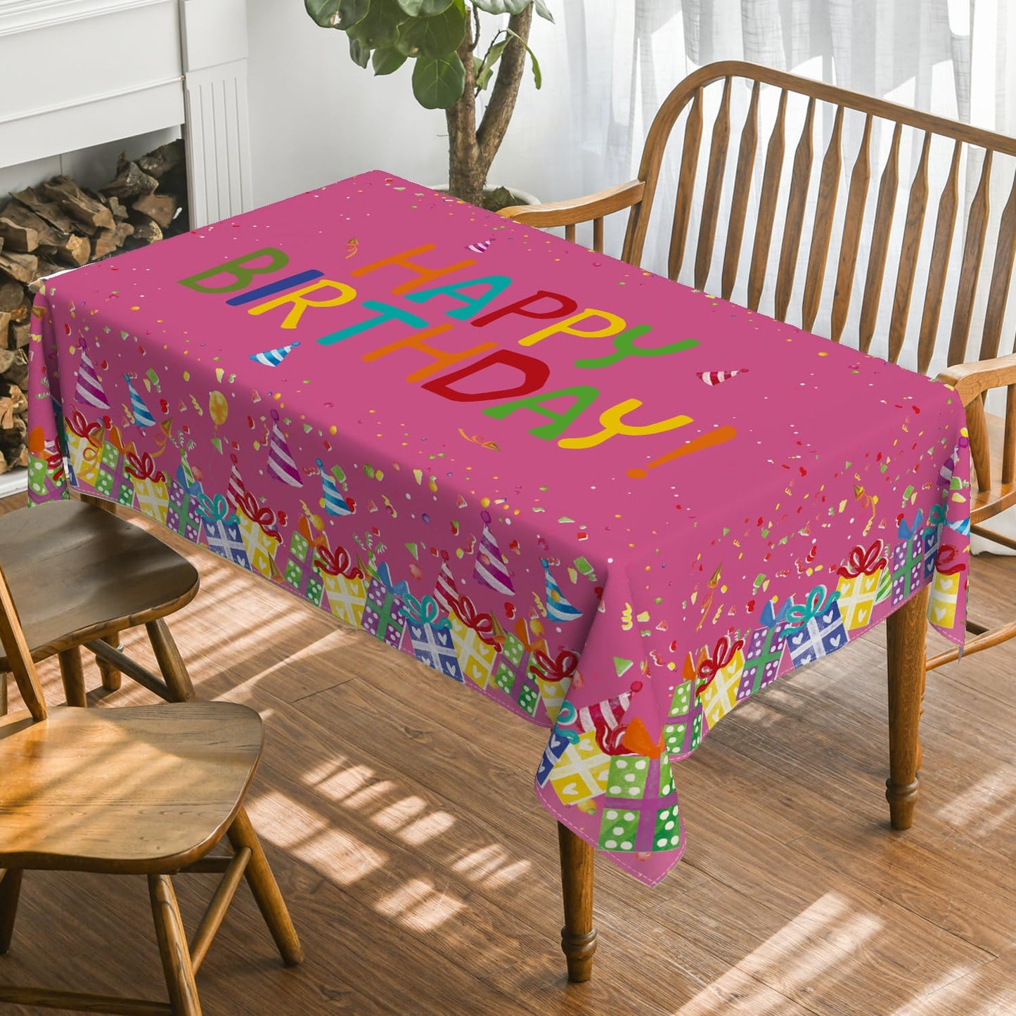 Horaldaily Birthday Tablecloth 60x84 Inch Rectangular, Happy Birthday Ballon Pink Washable Seasonal Table Cover for Party Picnic Dinner Decor