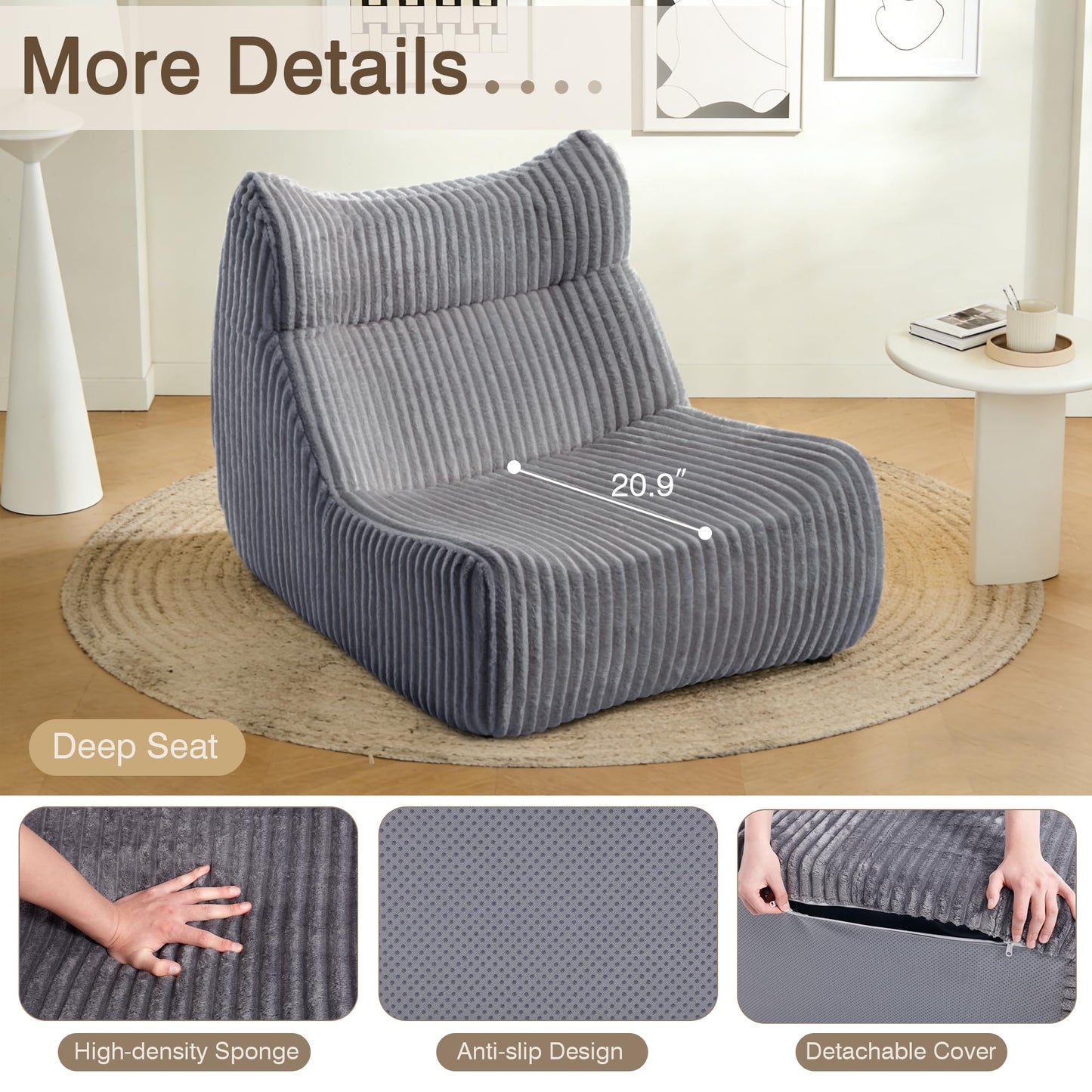 Ayiseedmid Lazy Floor Sofa, Comfy Sofa, Big Bean Bag Chairs, Fireside Chair for Living Room, Bedroom, Office (Grey, Single Seat)