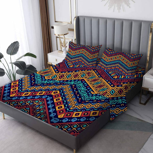 NOGAWA Tribe Sheets Queen Size, Nationality Bed Sheets, Patterned Bedding Sheets & Pillowcases 4 Piece Set - Soft Microfiber Deep Pocket Fitted Sheet & Flat Sheet & 2 Pillow Cases