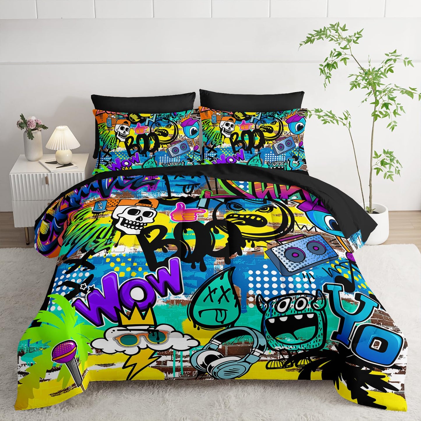 AILONEN Boys Kids Comforter Set Full,7-Piece Cartoon Hip Hop Skull Bed in a Bag Printed Bedding Set,Colorful Graffiti Soft Comforter & Fitted Sheet & Flat Sheet & 2 Pillowcases,2 Pillow Shams,Black