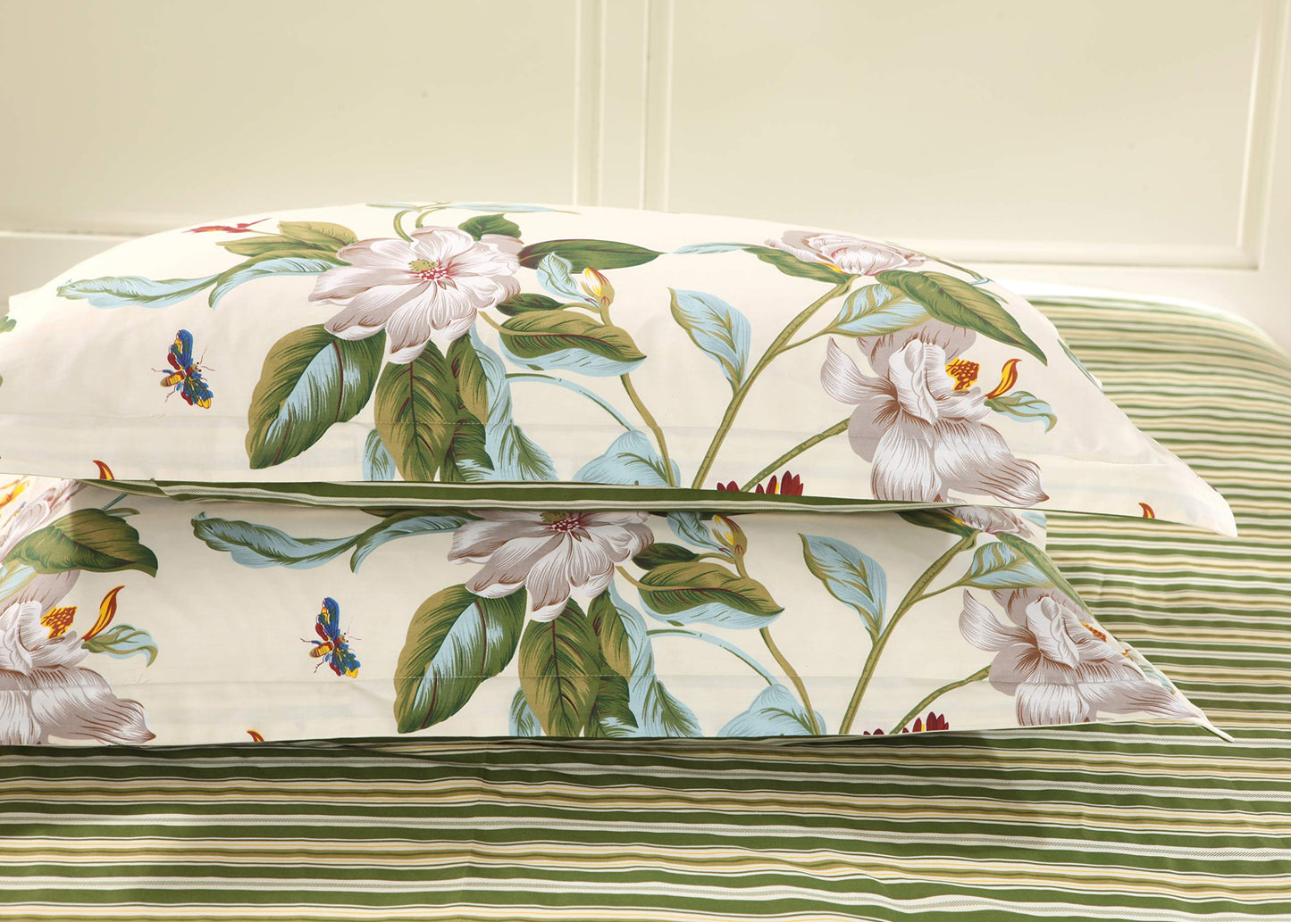FADFAY Floral Duvet Cover Set 100% Cotton Green and Beige Striped Shabby Flower Bedding Branches Summer Bedding Reversible 600 TC Soft Zipper Comforter Cover & 2 Pillowcases，Full