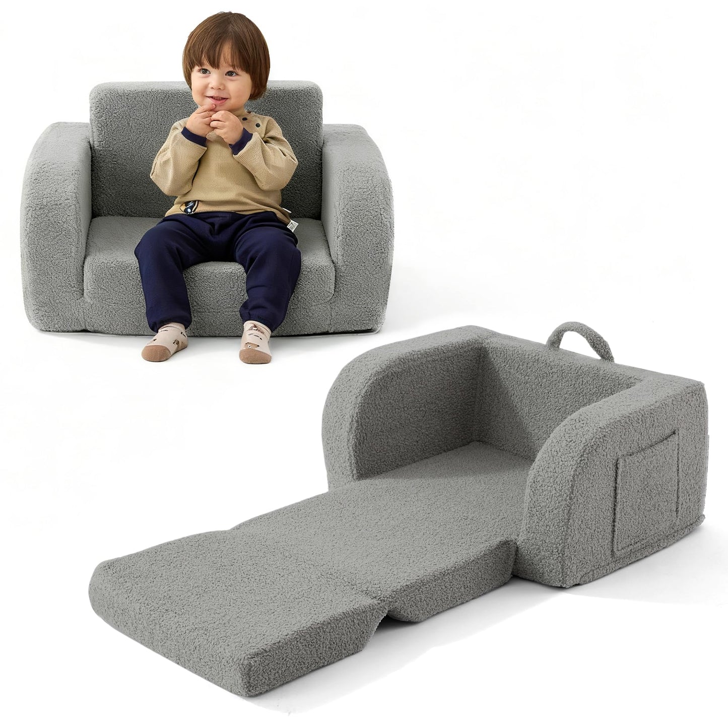 MuaMelop Toddler Couch, 2-in-1 Toddler Chairs Comfy 1-3 Years Old, Toddler Chair for Girls and Boys, Kids Couch Bed Fold Out, Convertible Baby Sofa to Lounge Chair for Playing, Reading, Napping, Grey