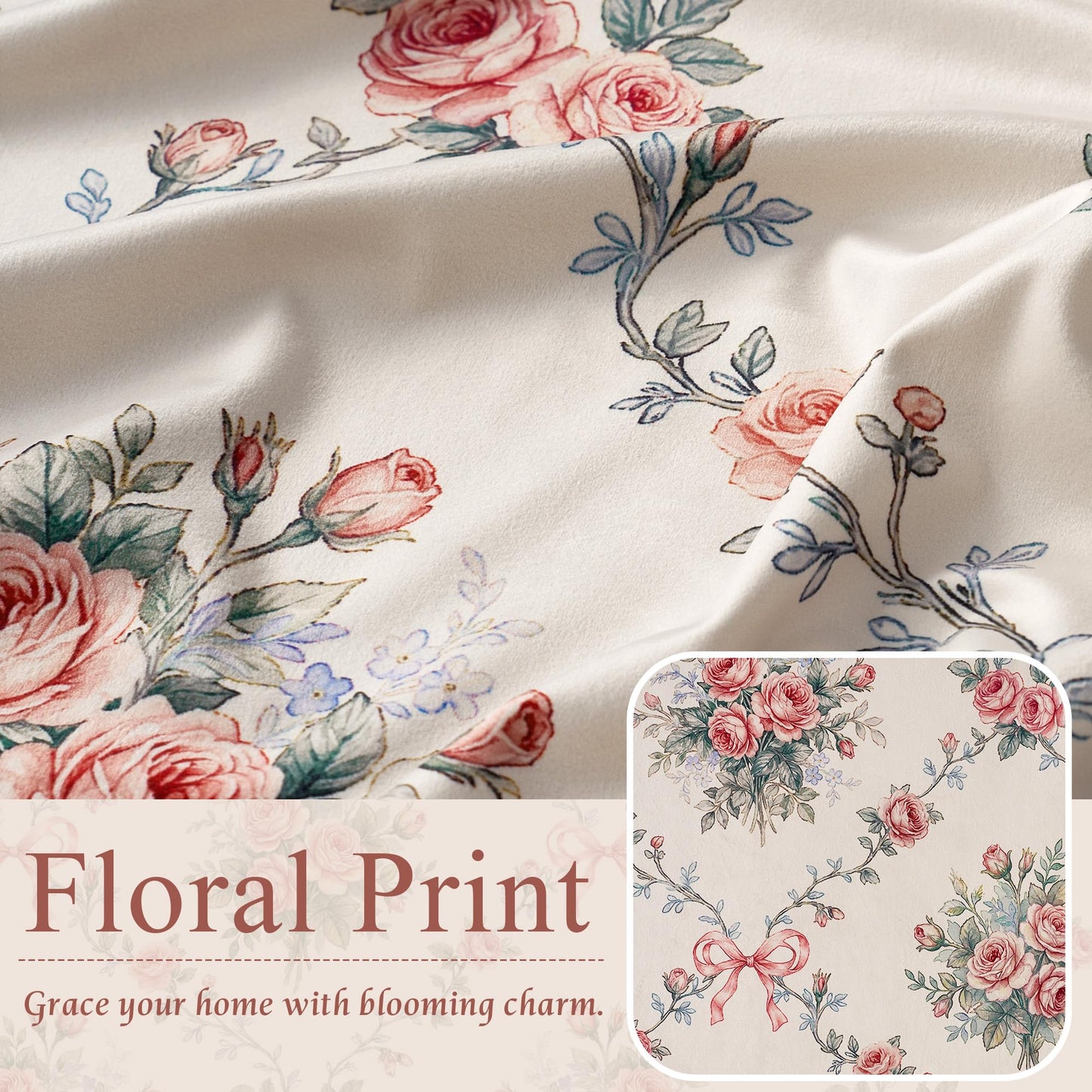 StangH French Country Rose Floral Velvet Curtains, Cream Shabby Chic Ribbon Bow Printed Window Drapes Romantic Privacy Panels for Girls Room Nursery, W52 x L84, 2 Panels
