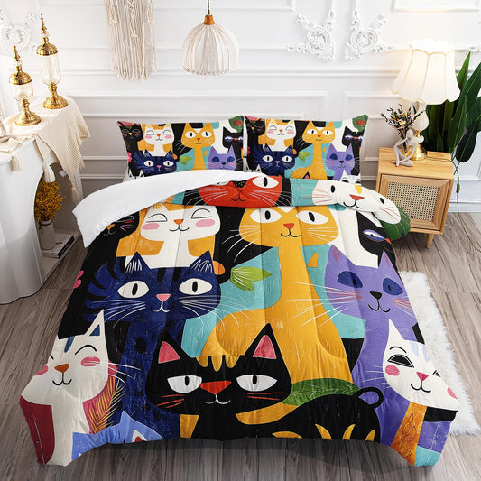 AILONEN Kids Cute Cats Head Comforter Set for Girls,Colorful Pet Kitten Bedding Set Twin Size,Kawaii Animal Duvet Set for Cat Lovers All Season,1 Quilt + 2 Pillowcase,Soft Microfiber