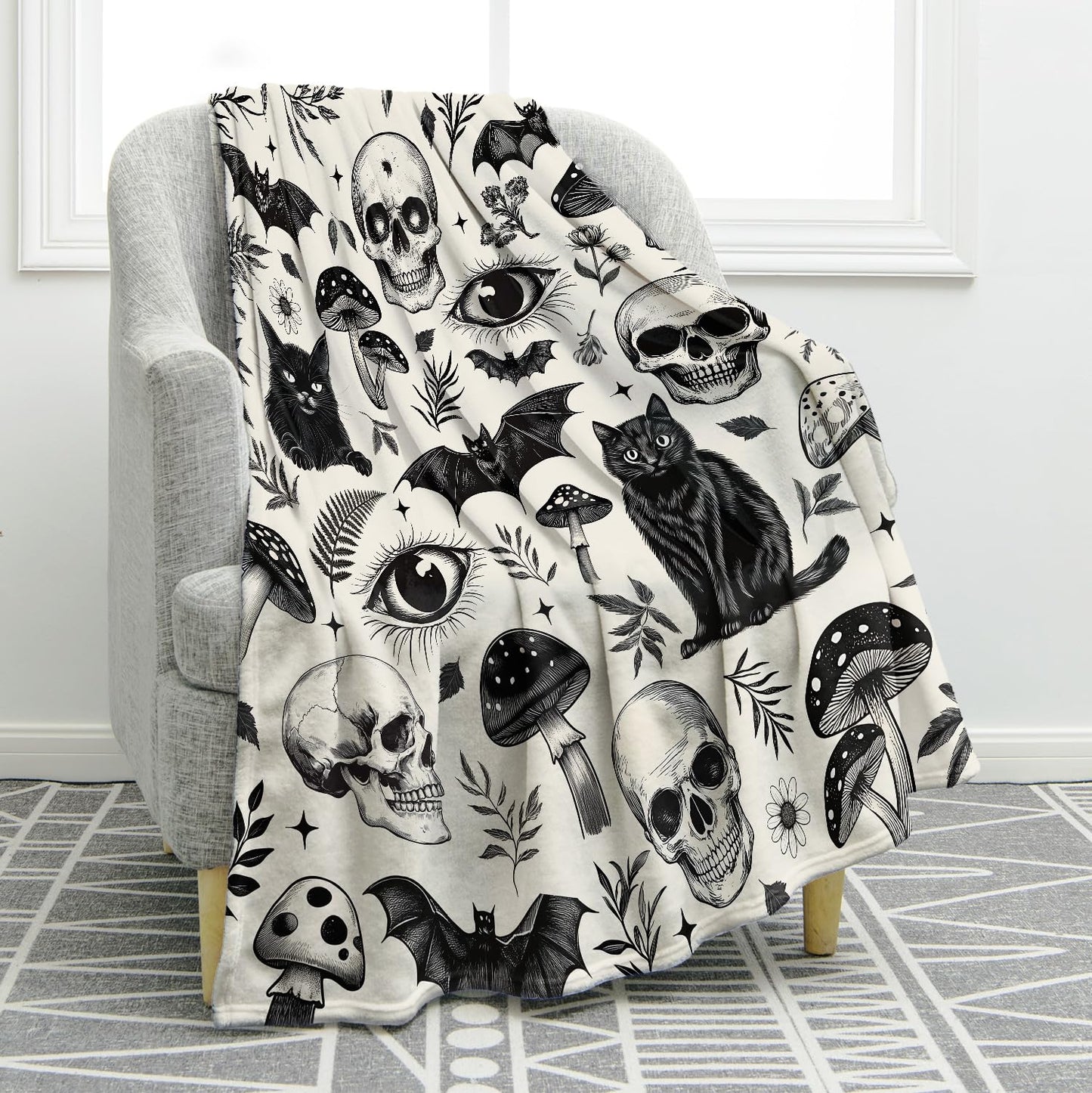 Jekeno Gothic Skull Blanket Cat Bat Mushroom Gifts for Women Men Kids Girls Boys Mom Wife Husband Dad Halloween Birthday Christmas Skeleton Horror Dark Presents Home Bedroom Room Decor Throw 50"x60"