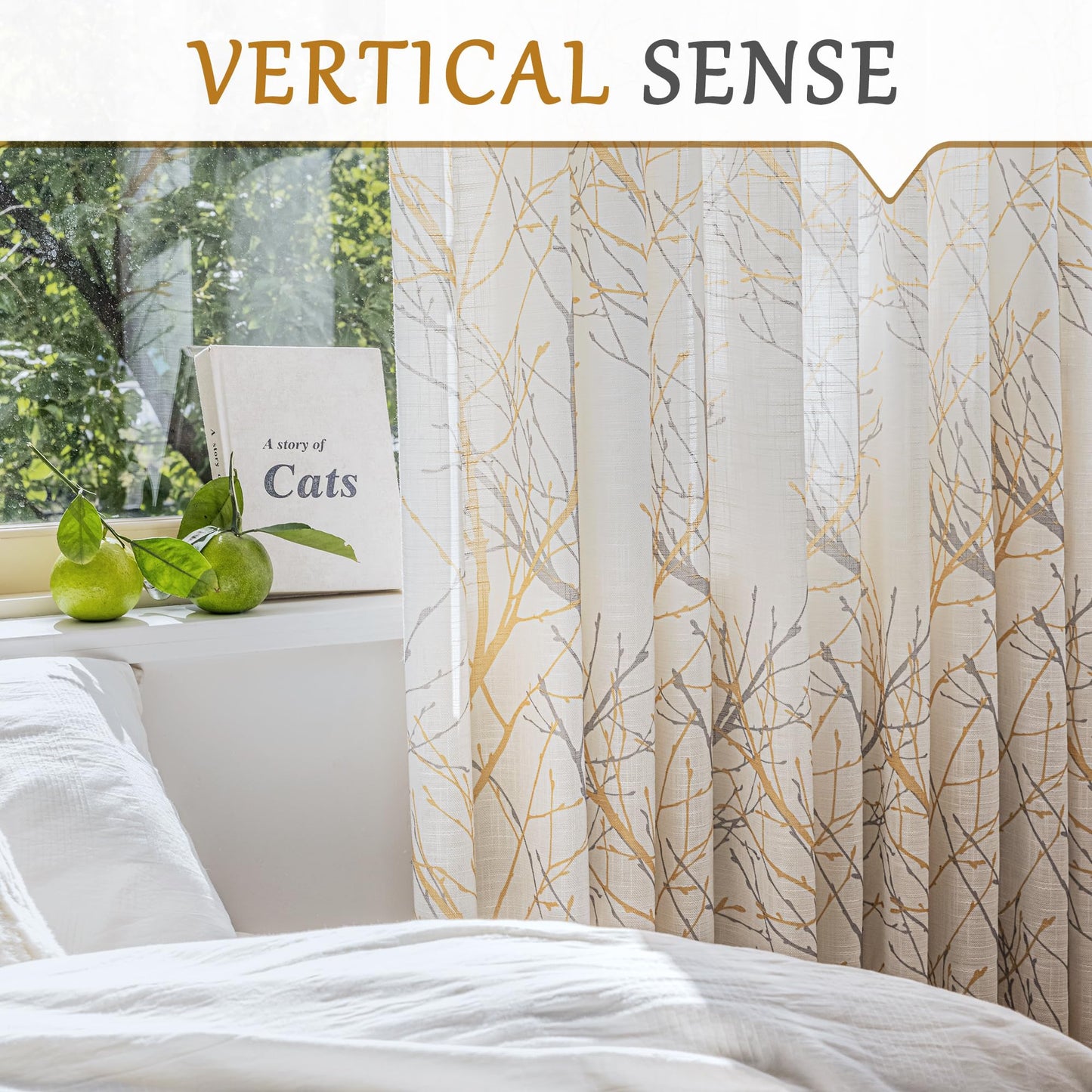 FMFUNCTEX Linen Semi Sheer Curtains for Bedroom, Yellow White Curtains 84 Inches Long for Living Room, Grey Tree Branch Print Curtain Light Filtering Farmhouse Window Drapes, Grommet Top 2 Panels