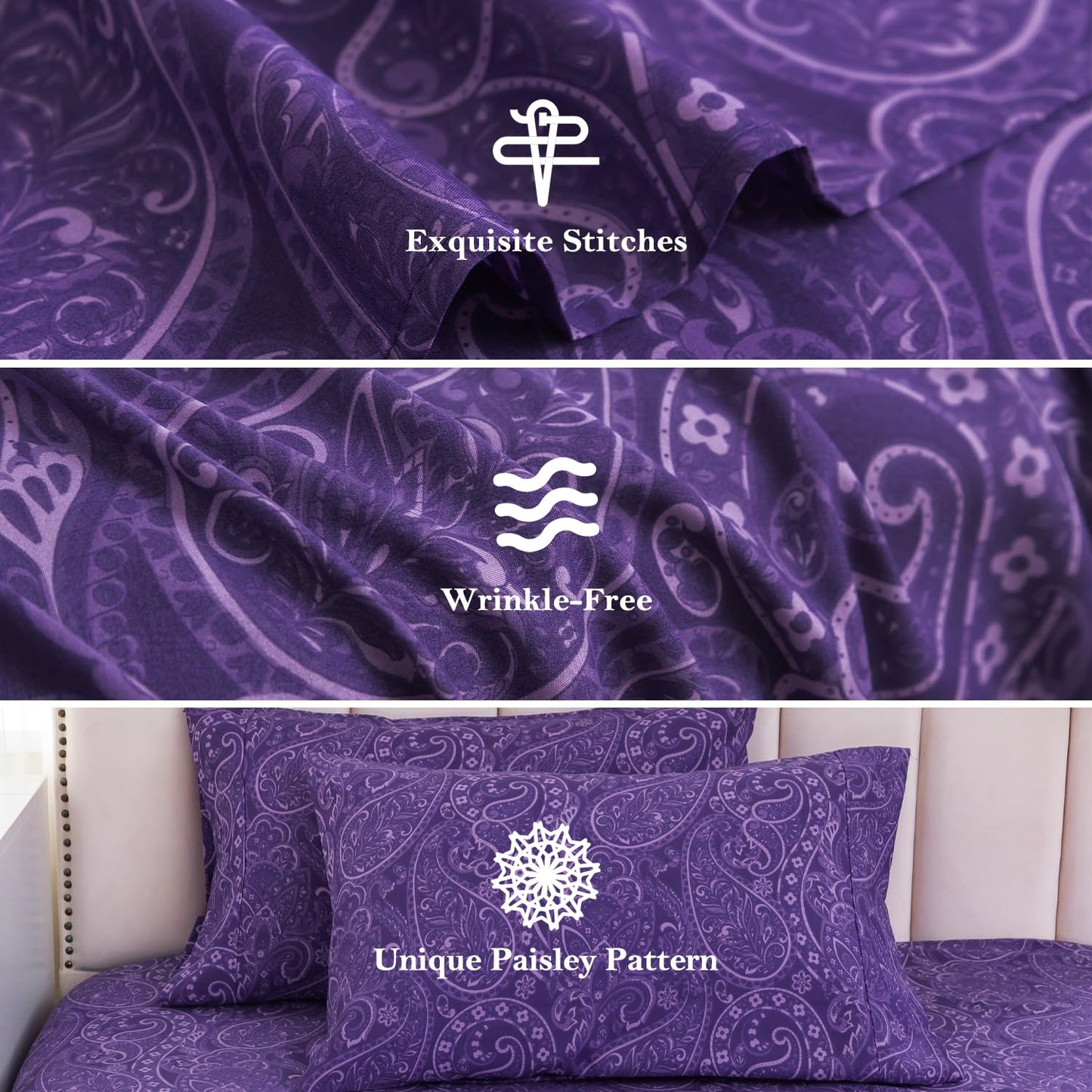 KACEMOO Cal King Sheet Set, California King Size Bed Sheets, Deep Pocket Purple Paisley Sheets Set, Soft Fitted Sheets Set Microfiber Breathable