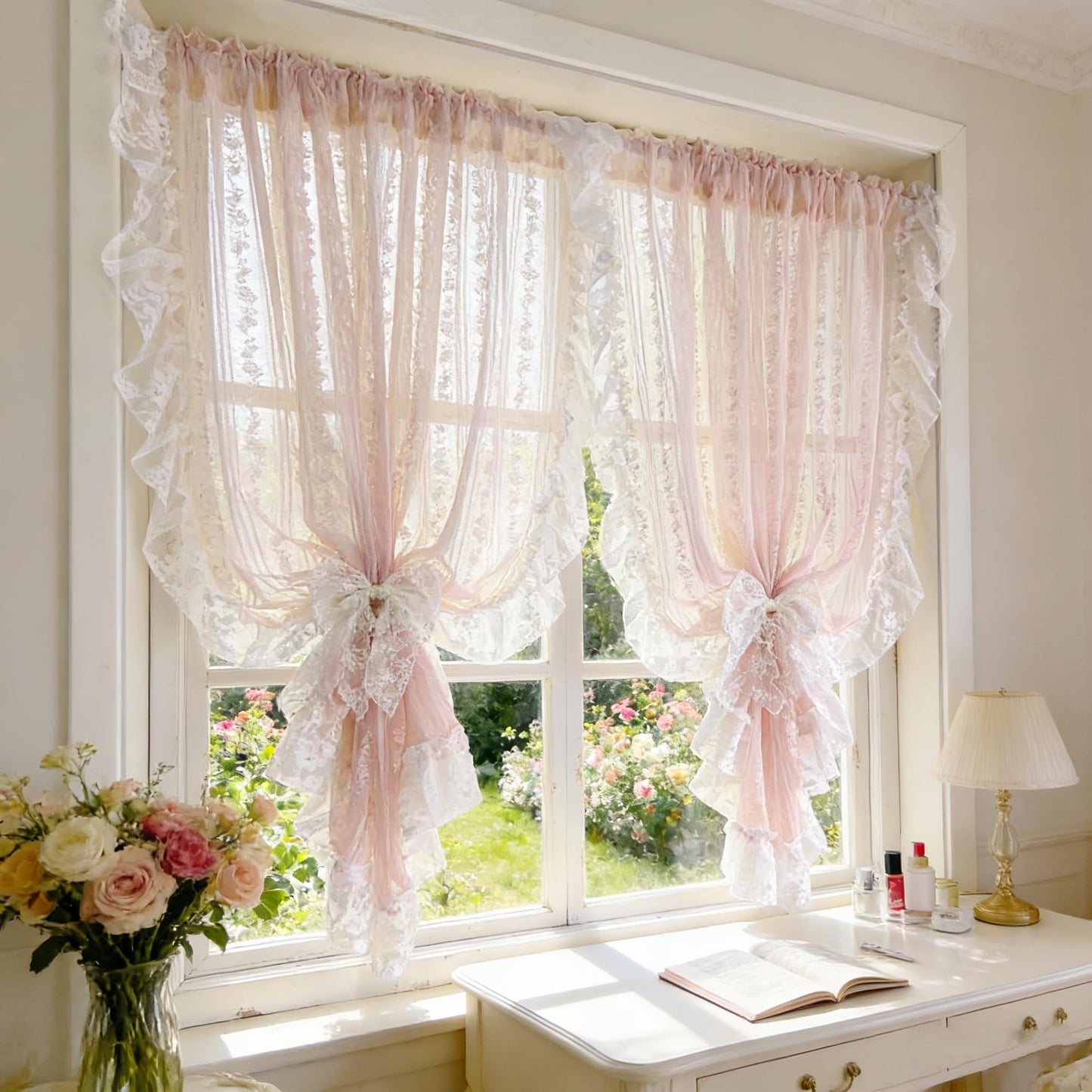 NewWPKIRA Floral Embroidery Sheer Lace Curtain with Ruffle Trim Romantic Gauze Curtains for Girl's Bedroom Living Room Rod Pocket Top 2 Panels (Pink,W59 x L47 inches)