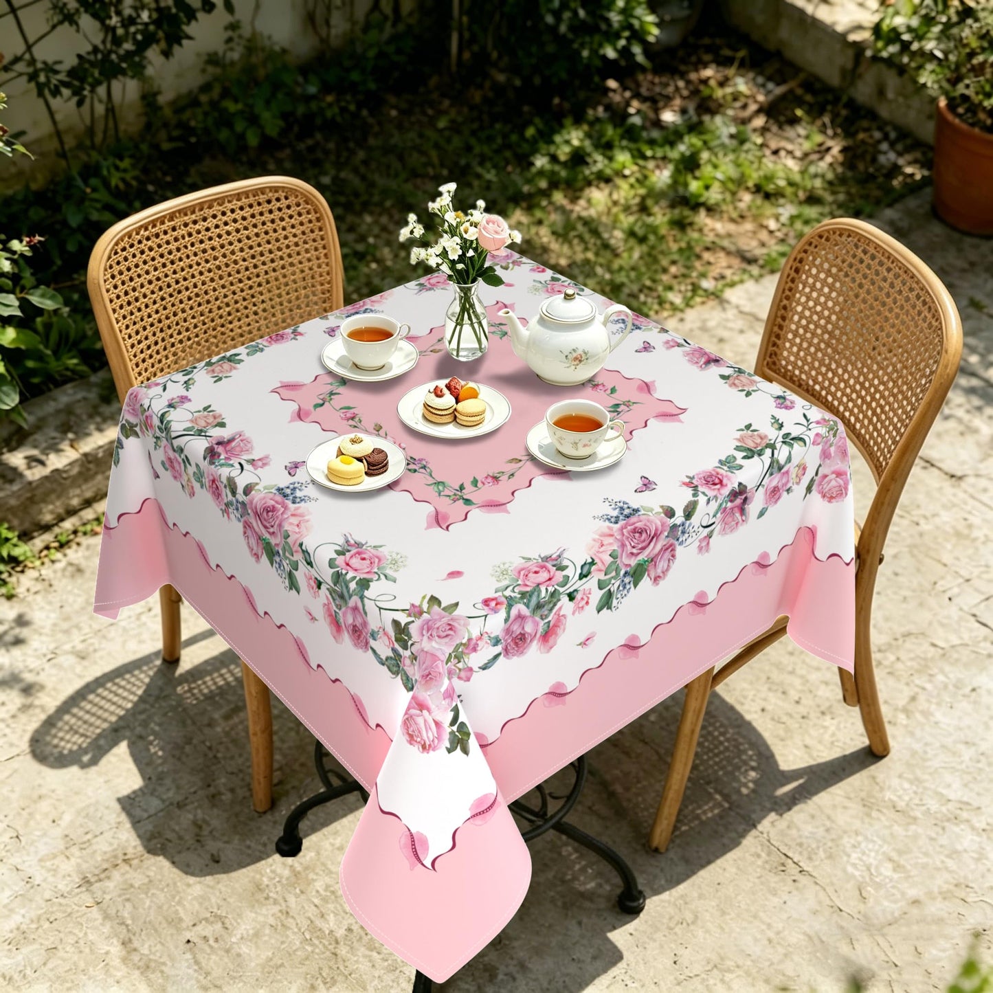 Yighty Pink Square Tablecloth 70x70 Inch, Rose Flower Printed Tablecloth, Spring Summer Waterproof Floral Tablecloth, Suitable for Indoor and Outdoor, Holiday Kitchen Restaurant and Party